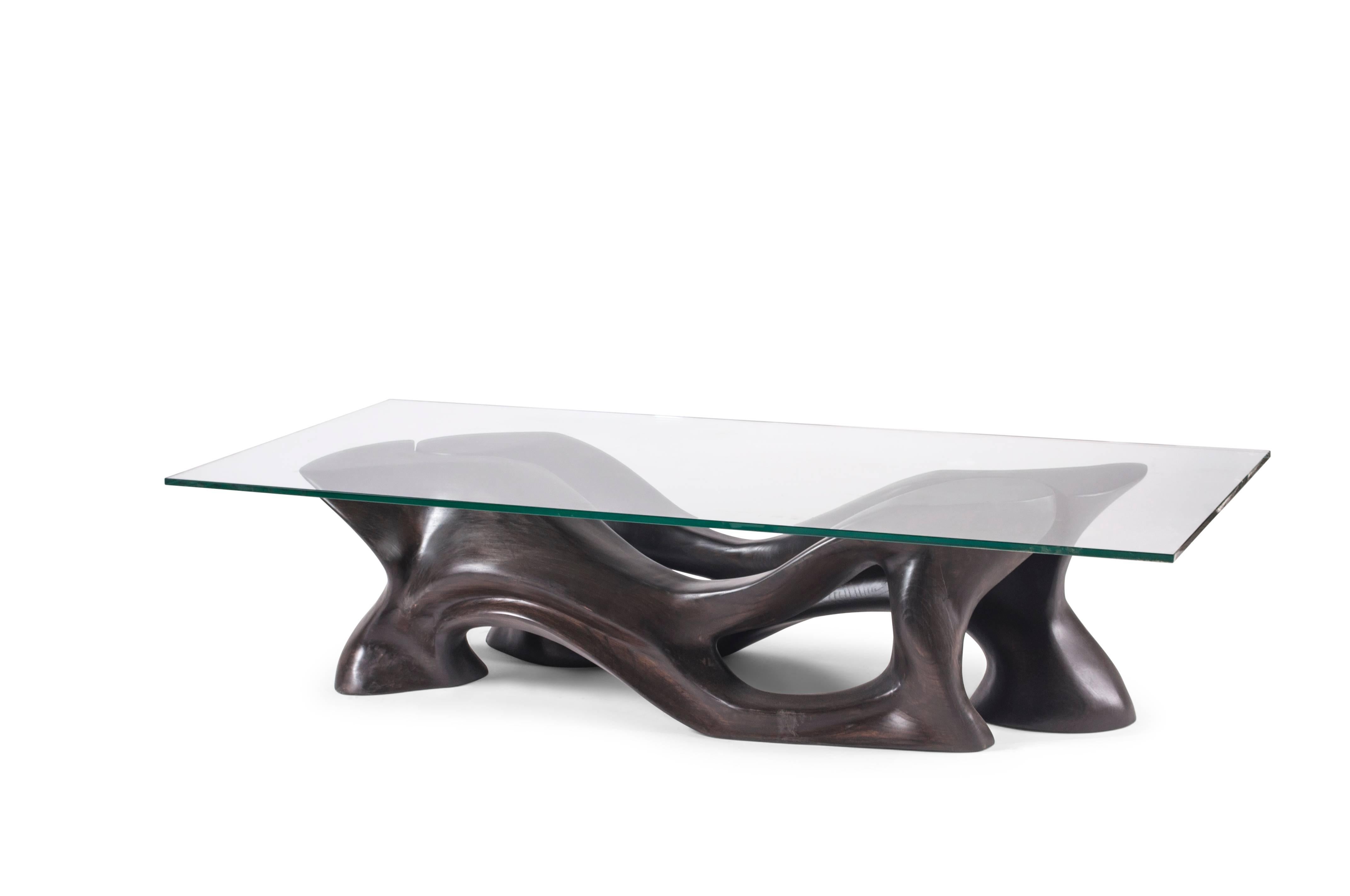 Hand-Carved Amorph Crux Modern Coffee Table, Ebony stain in Ash wood with rectangular glass  For Sale