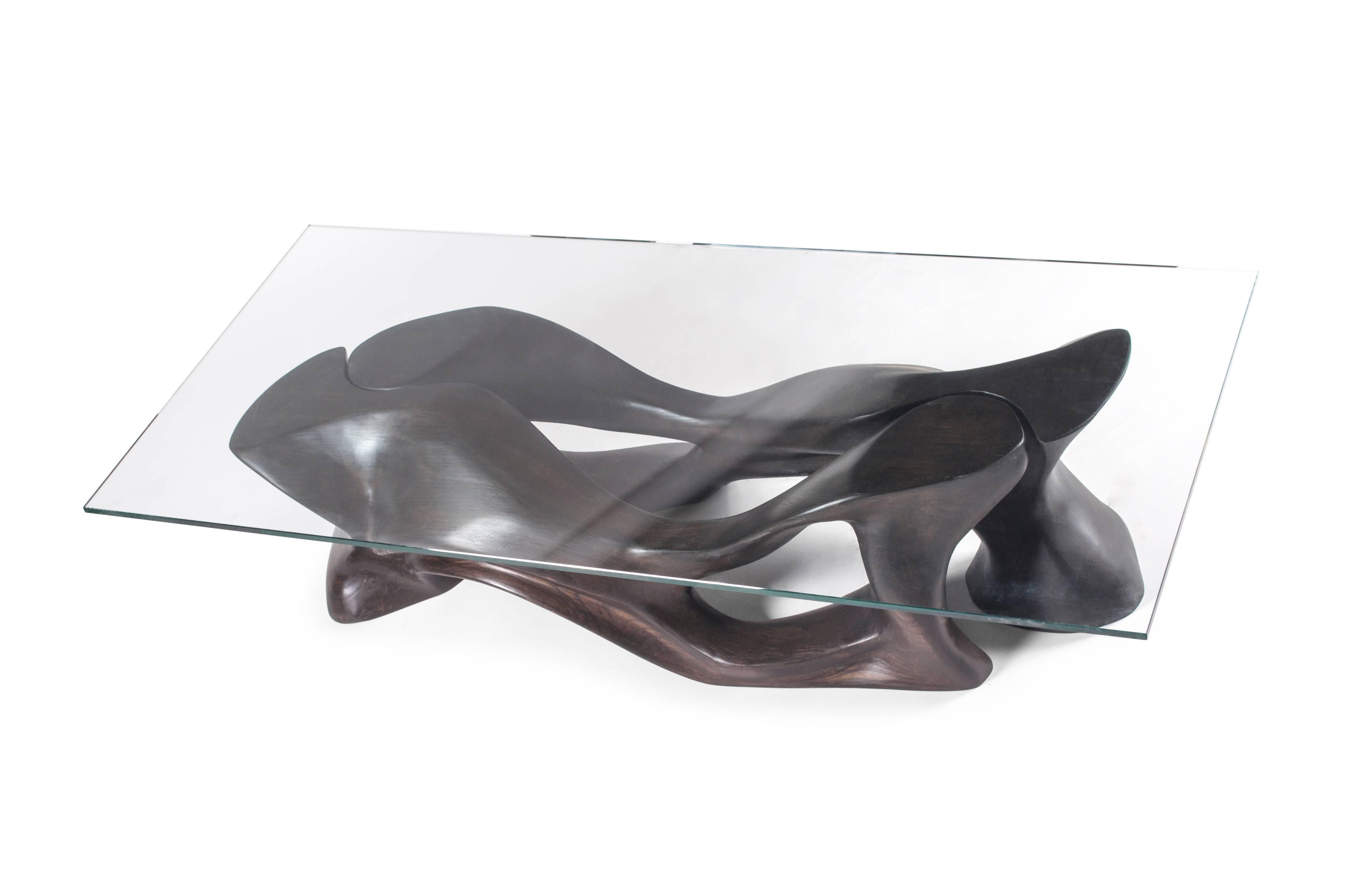Glass Amorph Crux Modern Coffee Table, Ebony stain in Ash wood with rectangular glass  For Sale