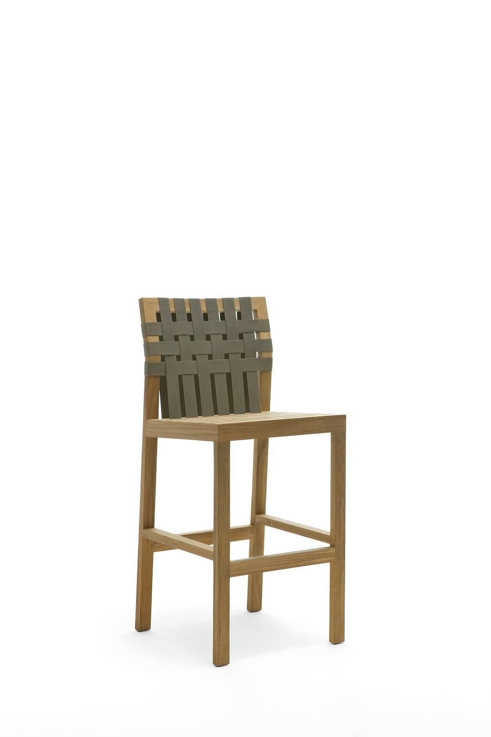 Roda Network 150 barstool. Made from solid teak with grey polyester belt details. Designed by Rodolfo Dordoni. For outdoor use.