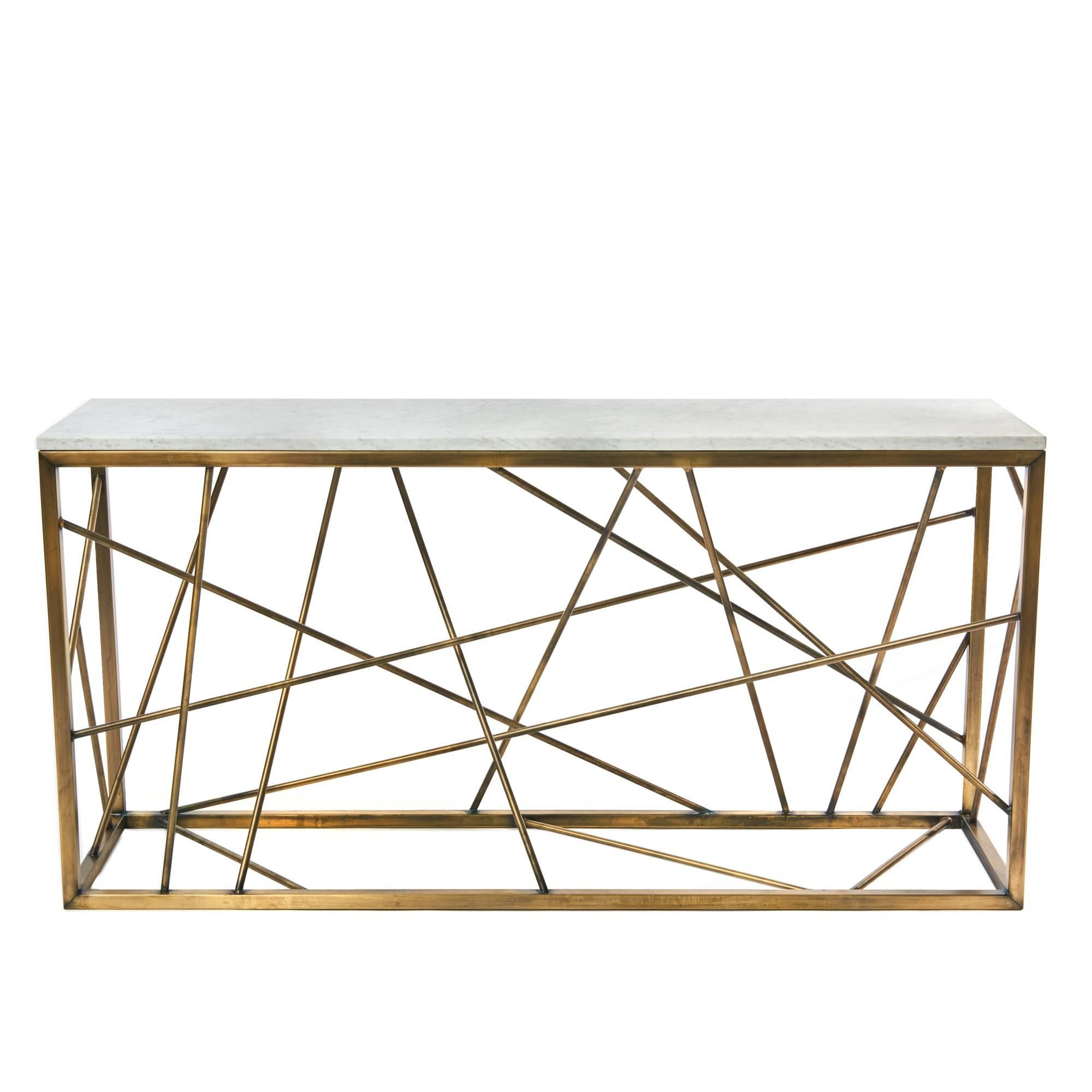Antique Brass Nest Console, steel and marble, custom table For Sale