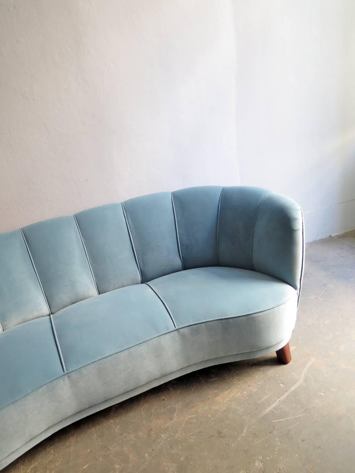 French Art Deco Blue Velvet Sofa