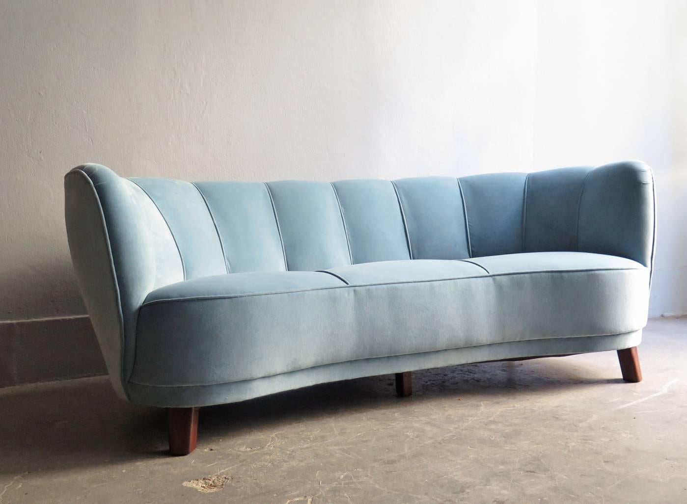 Mid-20th Century Art Deco Blue Velvet Sofa