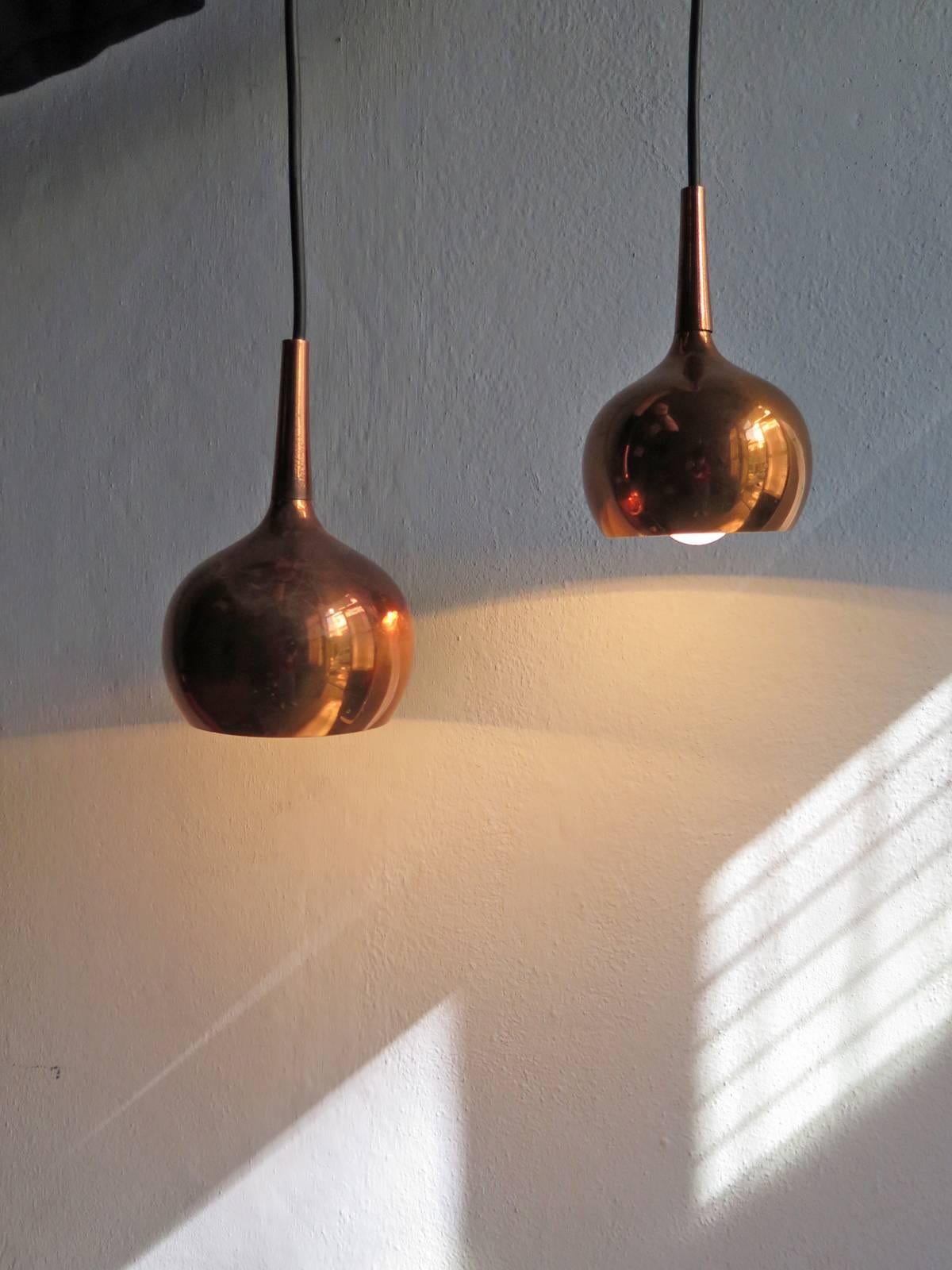 Pair of copper pendant lamps beautifully shaped.
