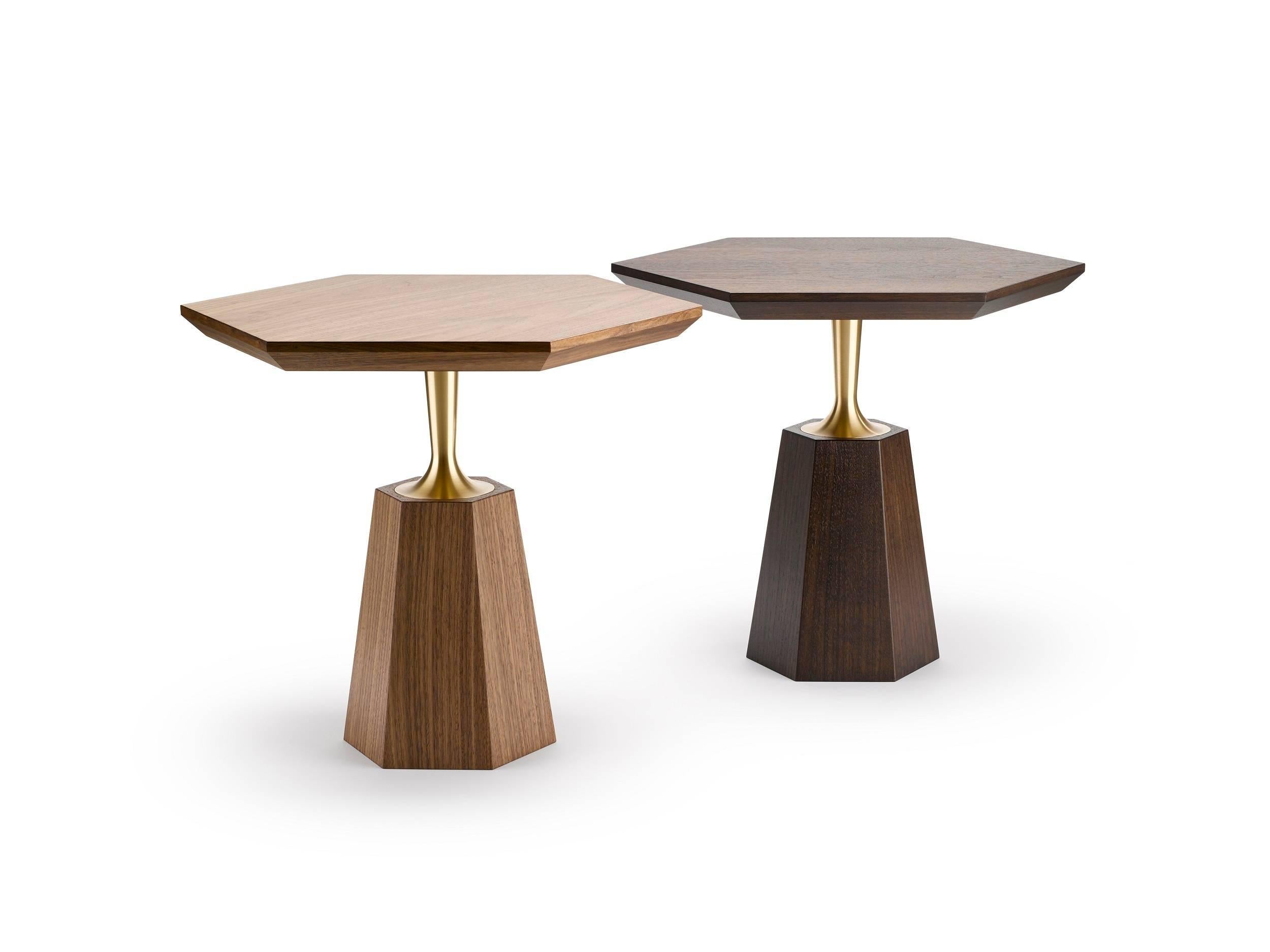 English Contemporary Hex Occasional Table in Oak or Walnut and Machined turned Brass For Sale