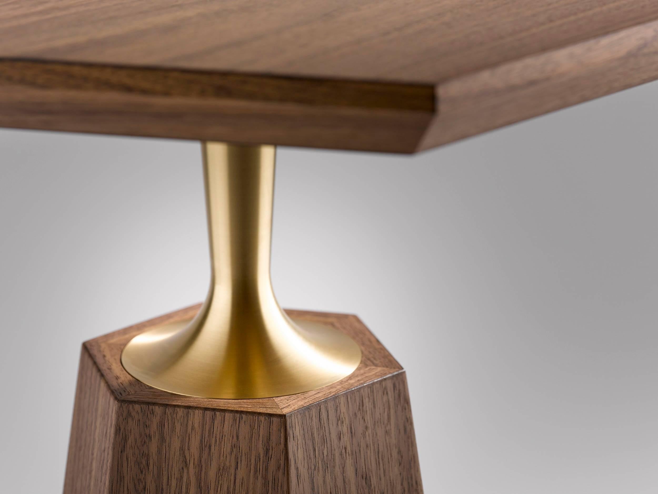 Modern Contemporary Hex Occasional Table in Oak or Walnut and Machined turned Brass For Sale