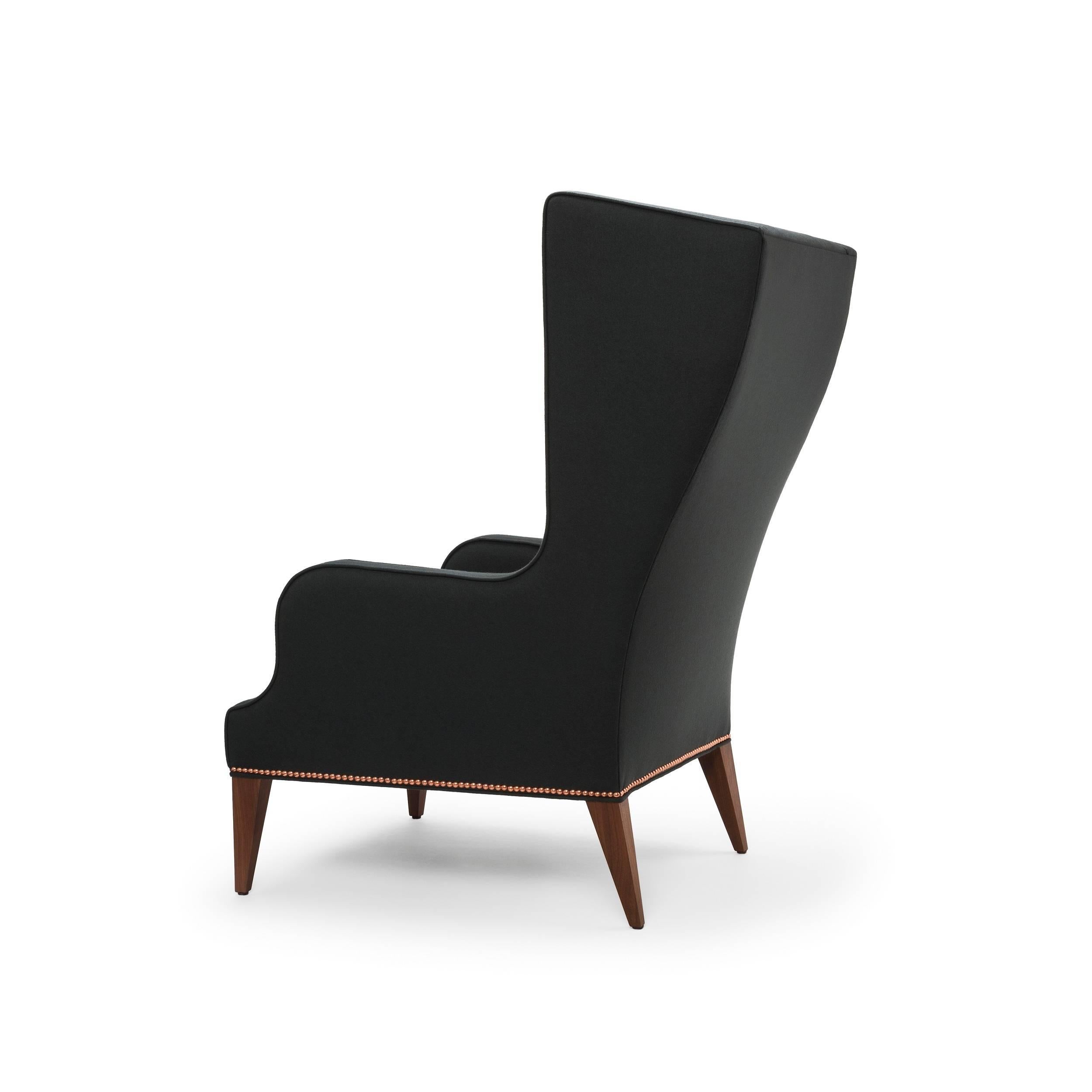 Modern Contemporary Alae Wing Chair in Charcoal Wool with Copper Nails and Walnut Legs For Sale