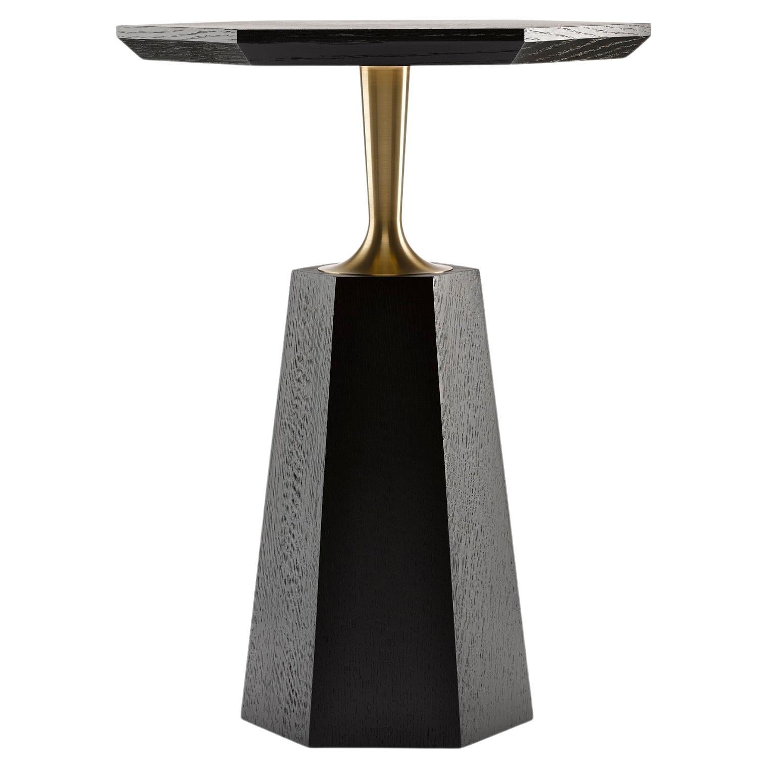 Contemporary Hex Side Table in Oak or Walnut with machine turned solid brass