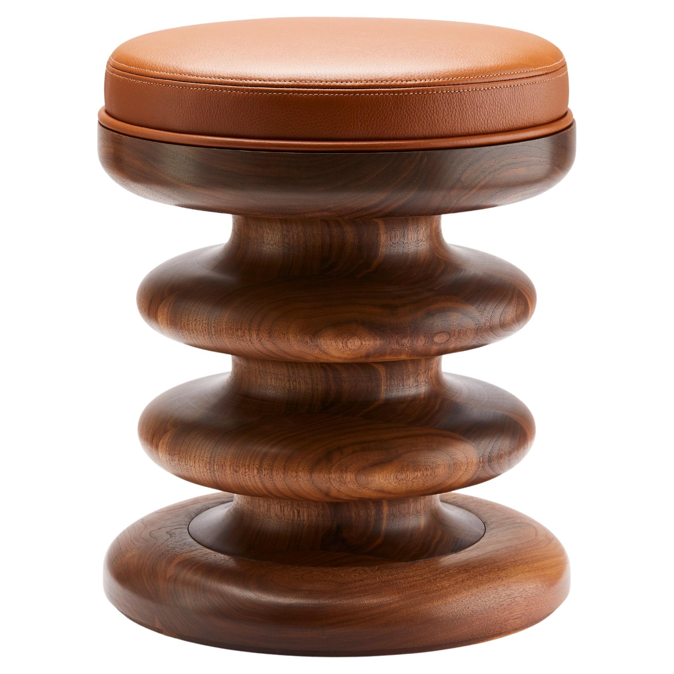 Contemporary Vertere Midi Stool in Oiled Walnut with Chestnut Leather Seat Pad