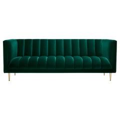 Contemporary Channeled Fleure 3 seater Sofa in Emerald Green Velvet Brass Legs.