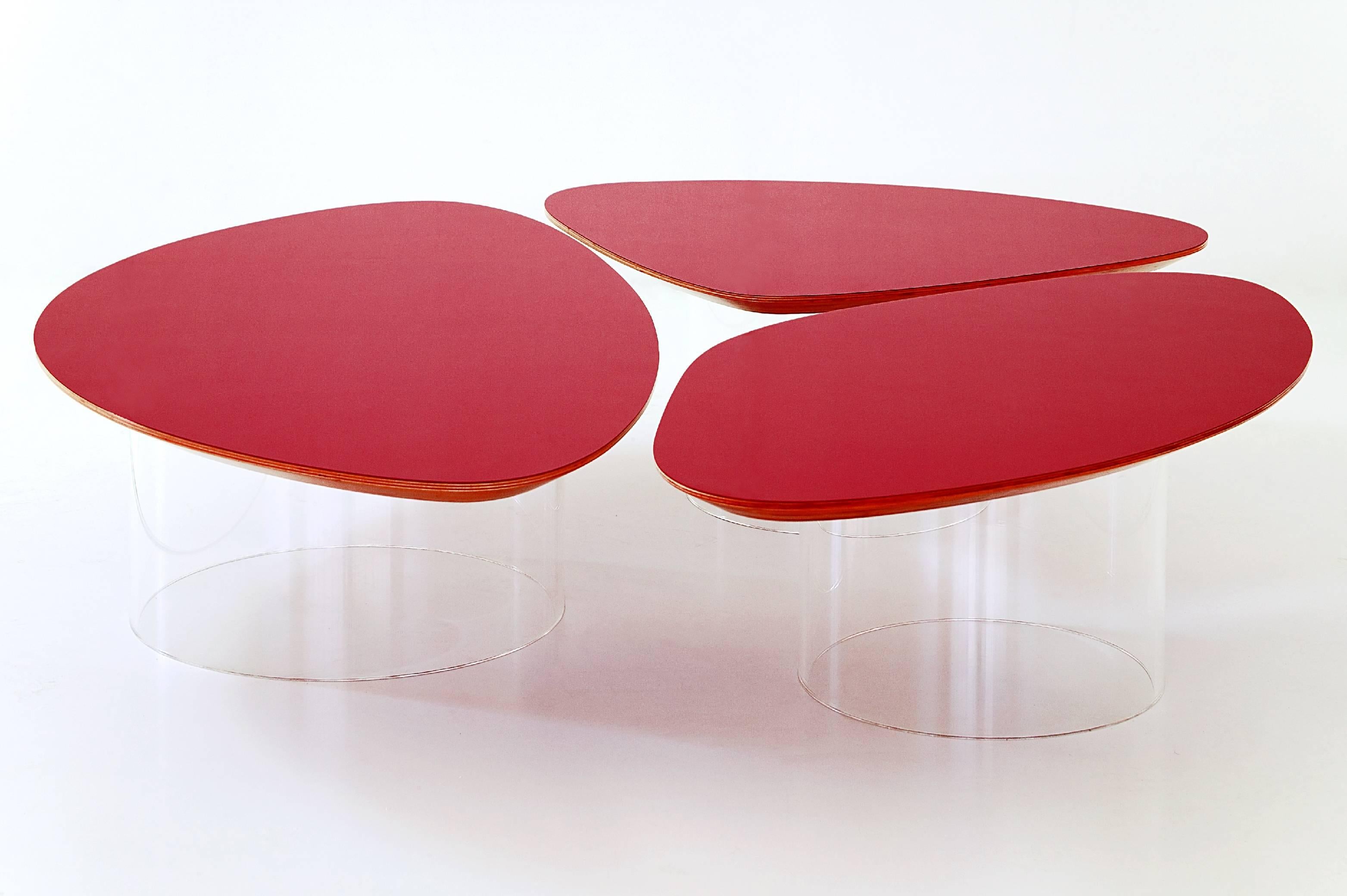 French Contemporary 'Nenuphar' Red Coffee Table With Acrylic Base by Janette Laverriere For Sale