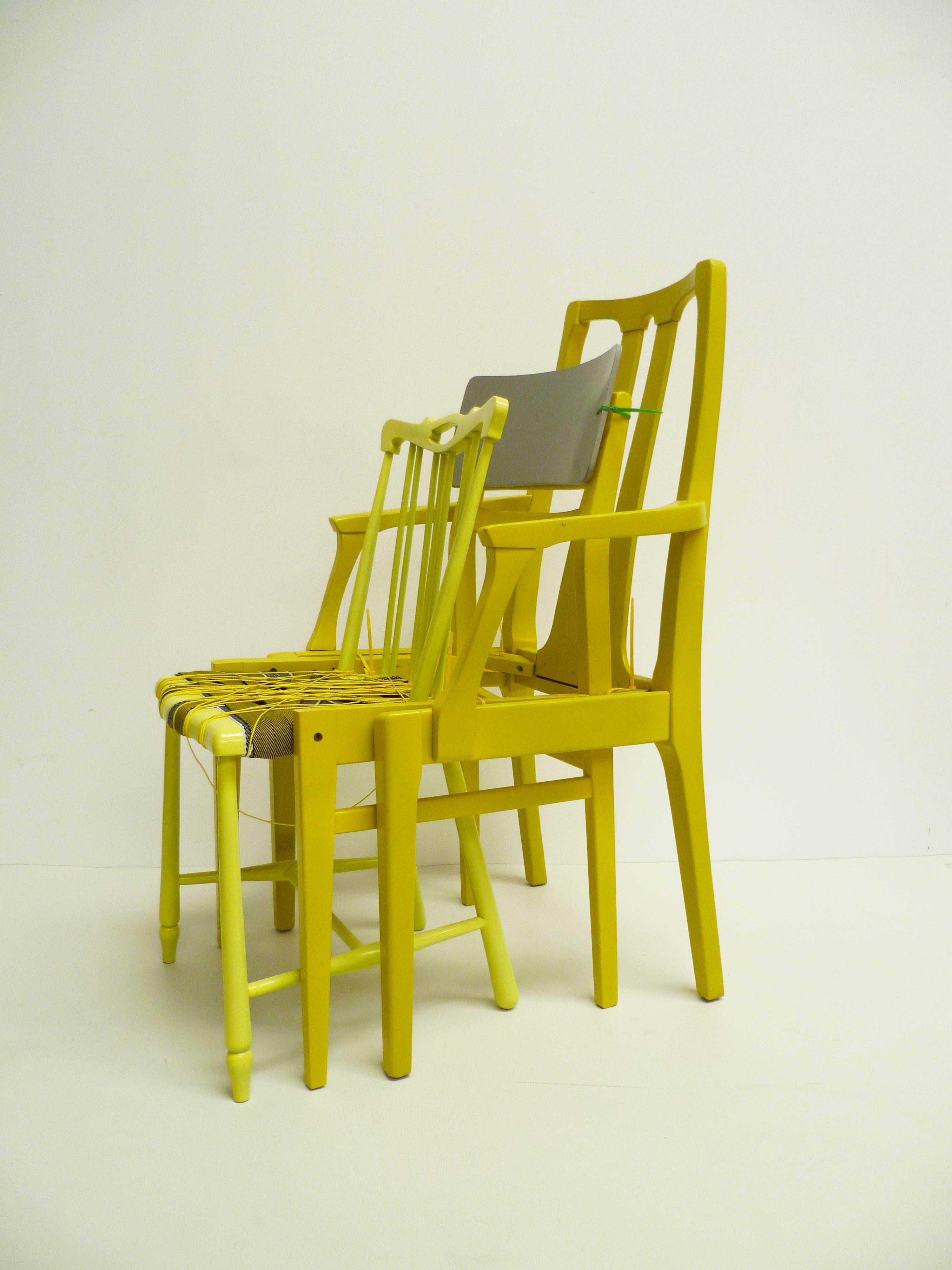 Karen Ryan’s ‘Custom Chair’ series began in 2005, drawing from the history of discarded objects, this chair recycles mass-produced chair components, sprayed bright shades of yellow, secured together with plastic ties, and the seat is finished with
