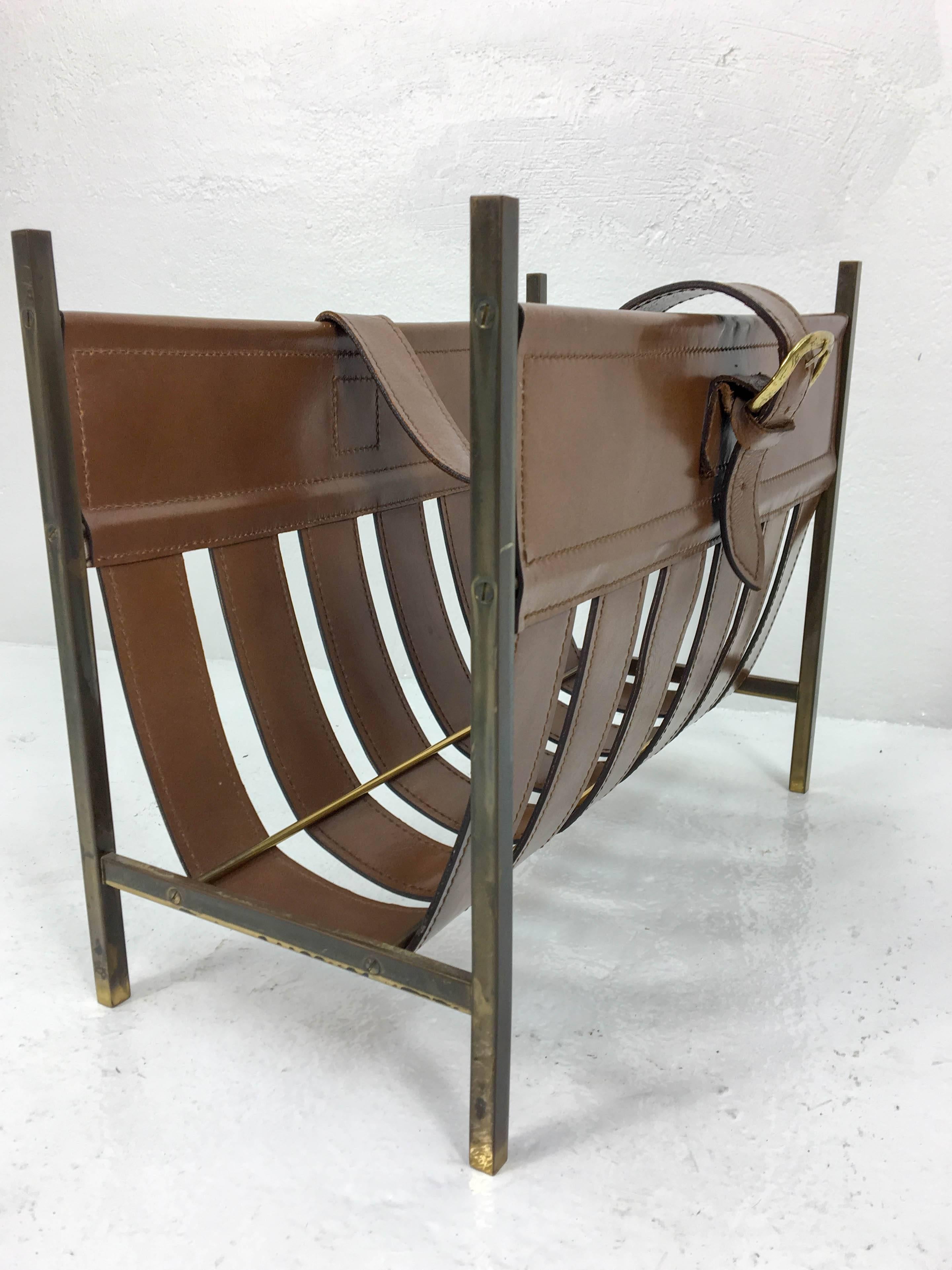 Mid-Century Modern 1950s Leather Magazine Rack by Jacques Adnet