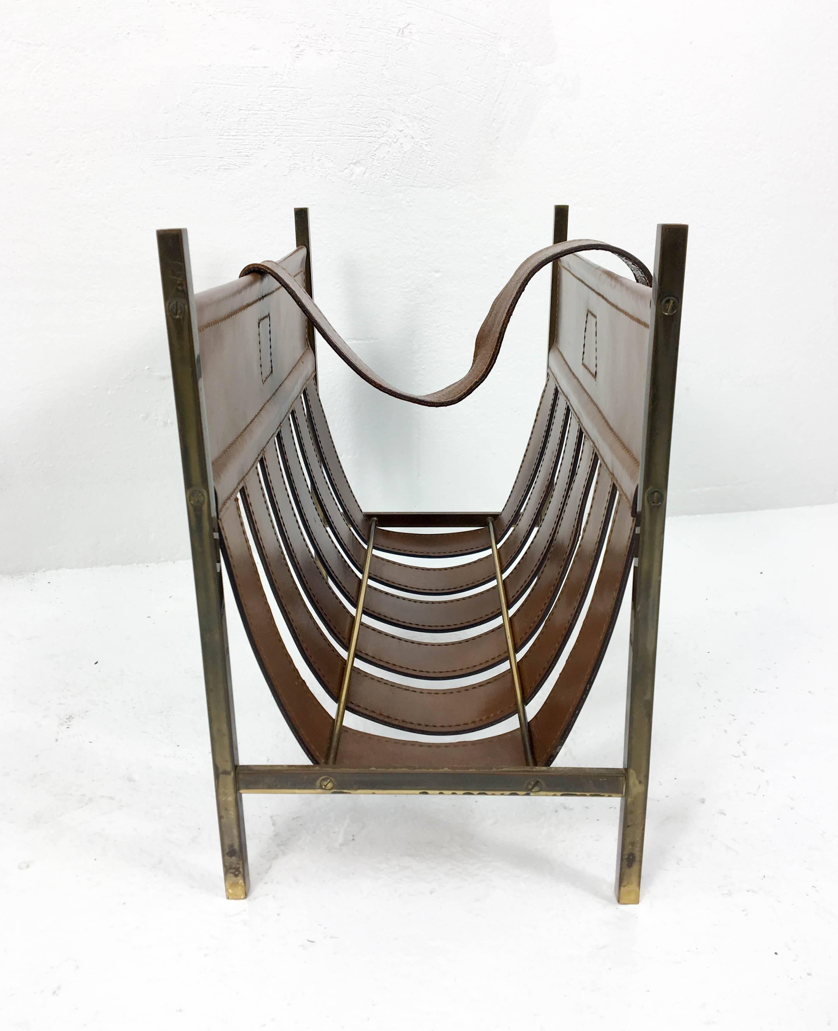 French 1950s Leather Magazine Rack by Jacques Adnet
