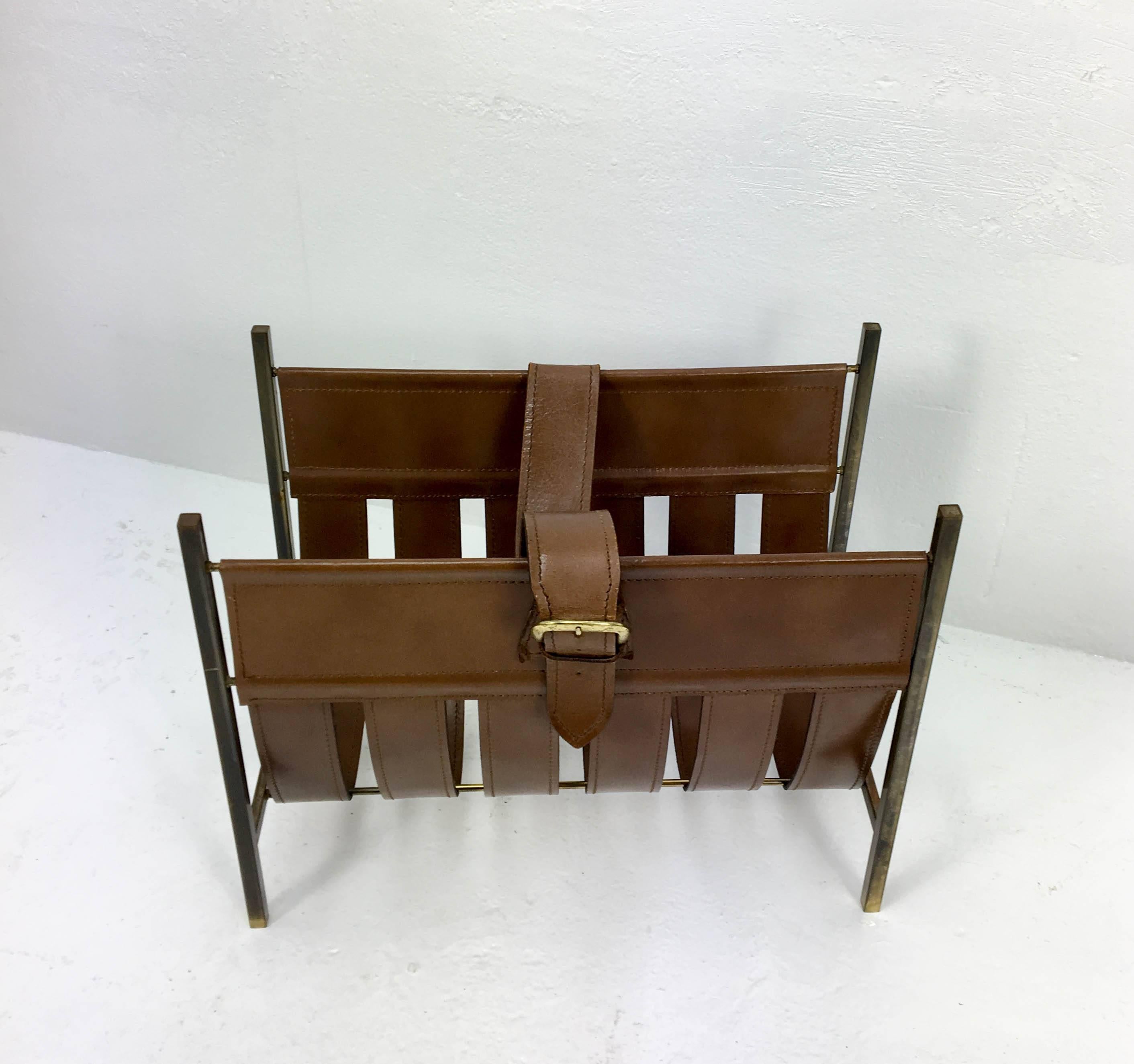 1950s Leather Magazine Rack by Jacques Adnet In Good Condition In Den Haag, NL