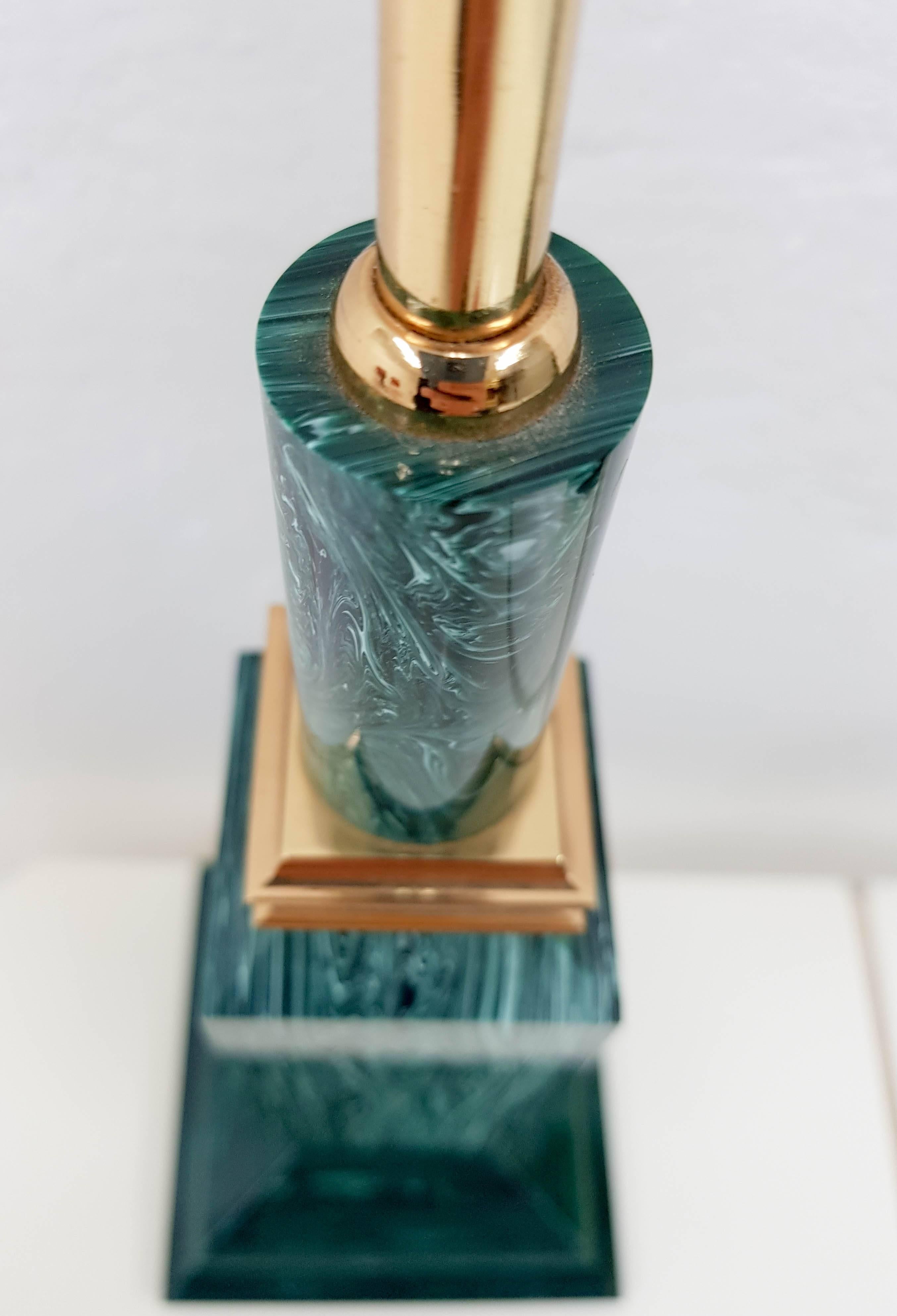 Two exclusive faux malachite table lamp bases. Great quality lamp bases made out of a synthetic material and finished with solid brass hardware. Quite rare to find in this sort of condition.

       