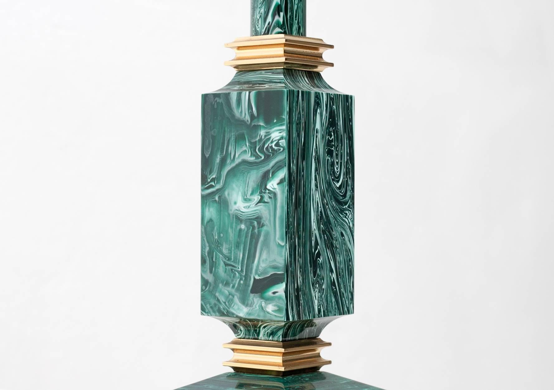 Hollywood Regency Pair of Green Faux Malachite Table Lamps, 1970s