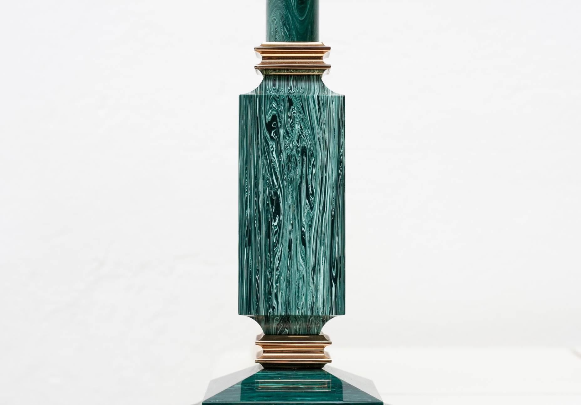 French Pair of Green Faux Malachite Table Lamps, 1970s