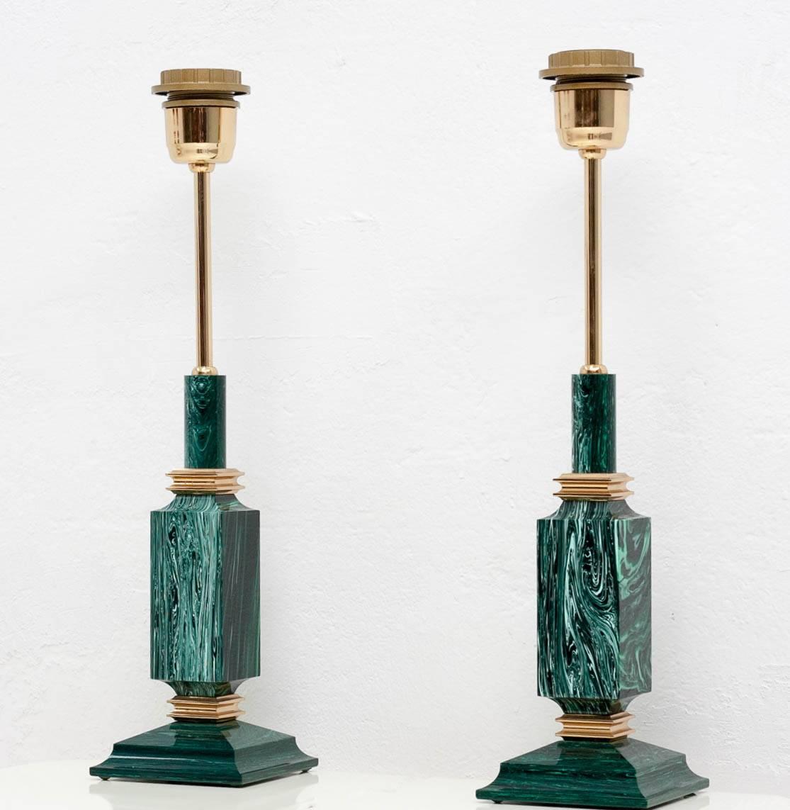Pair of Green Faux Malachite Table Lamps, 1970s In Good Condition In Den Haag, NL