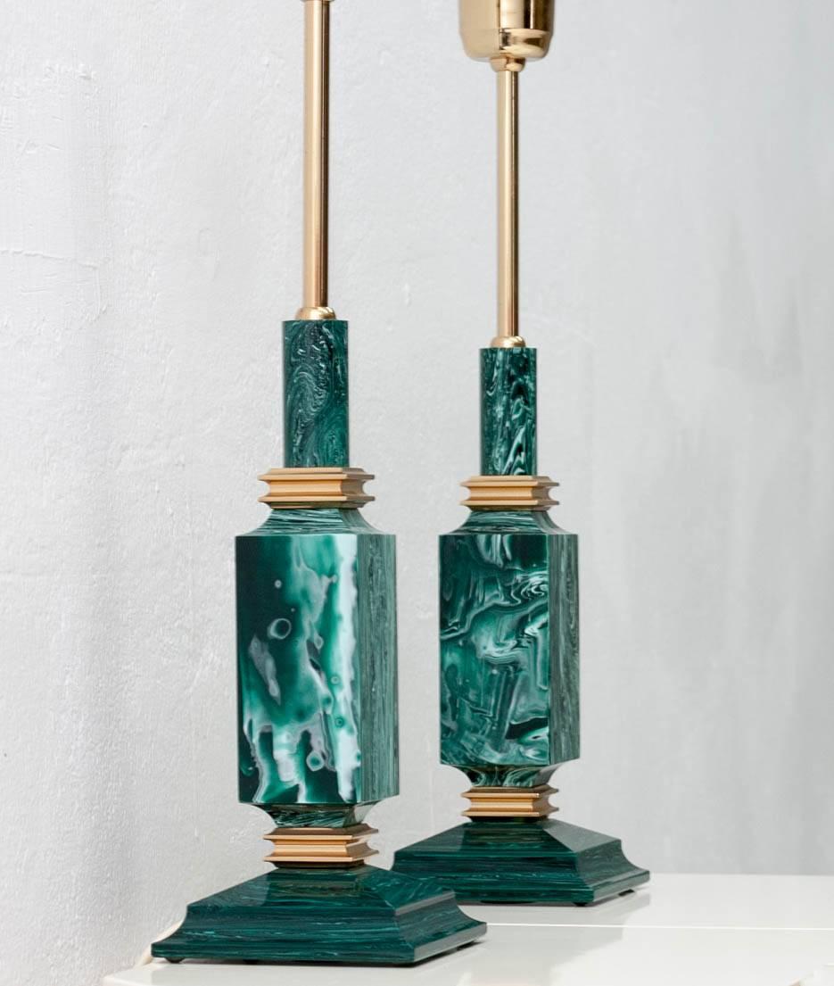 Late 20th Century Pair of Green Faux Malachite Table Lamps, 1970s