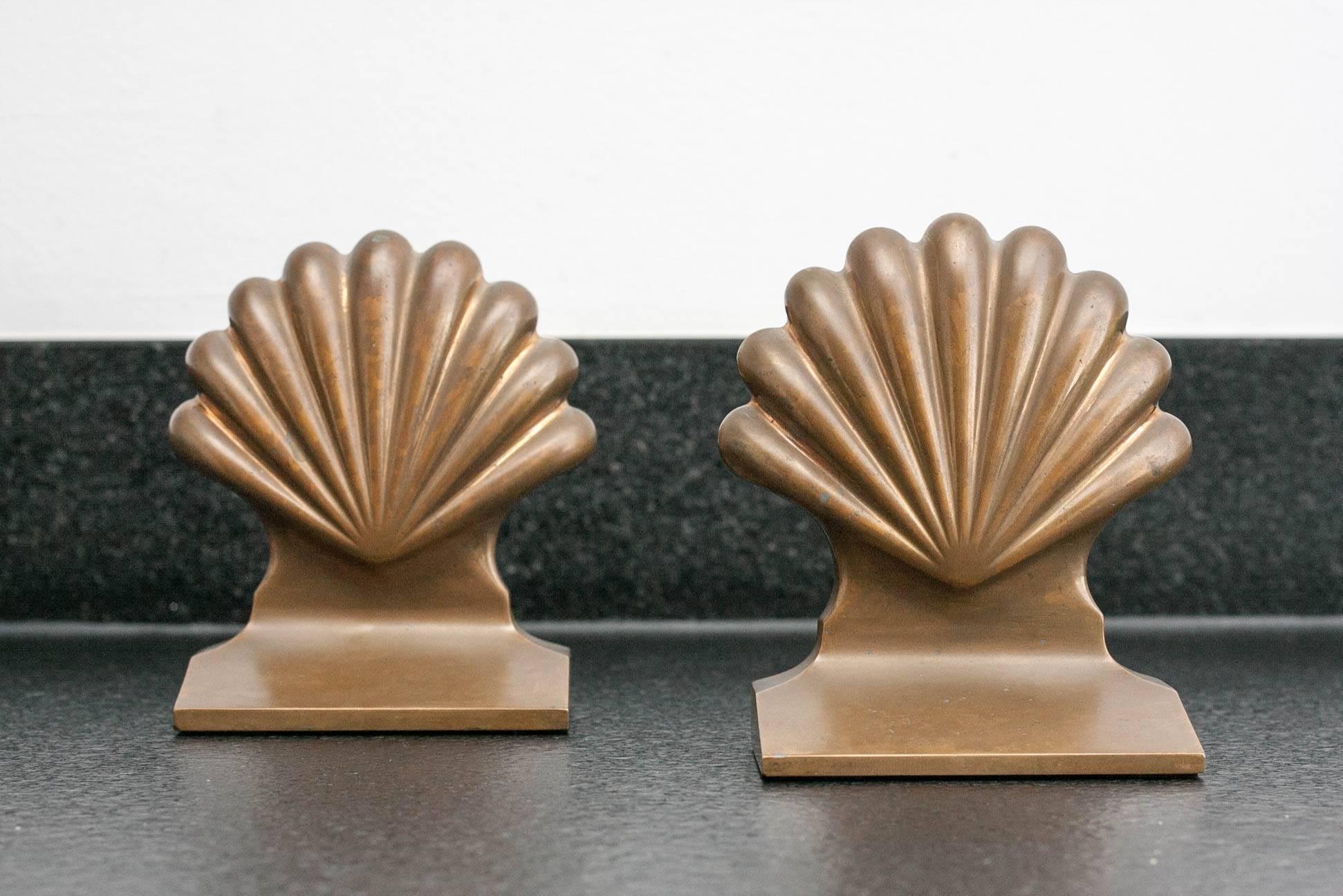 Art Deco Pair of 1930s Solid Brass Shell Bookends