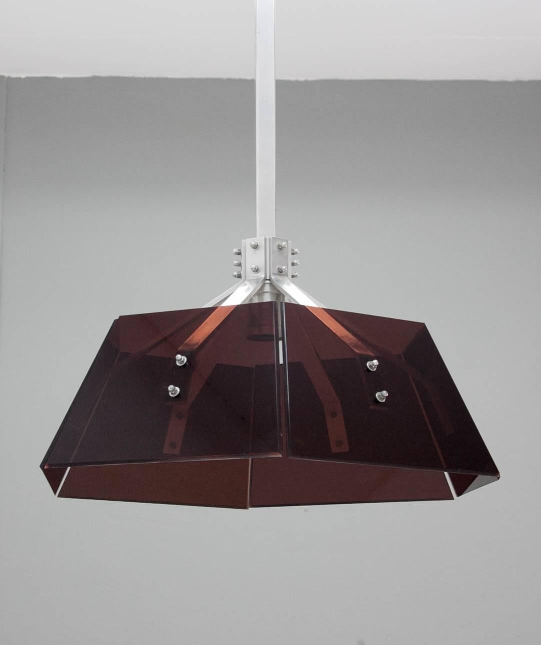 Unknown 1970s Brown Plexiglass and Aluminum Pendant Light For Sale