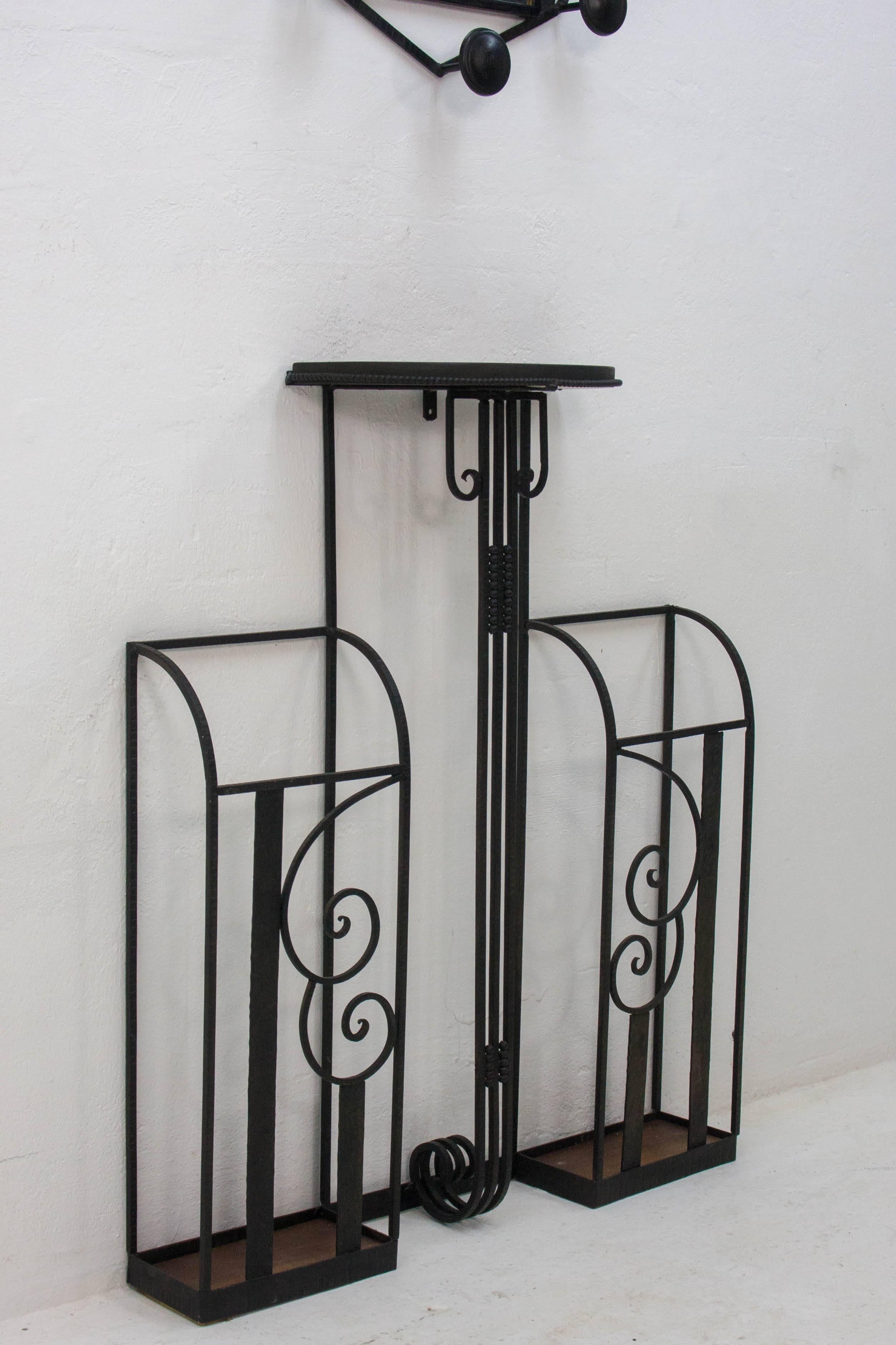 Cast Two-piece art deco hallway set (umbrella stand, mirror and coatrack), 1920s