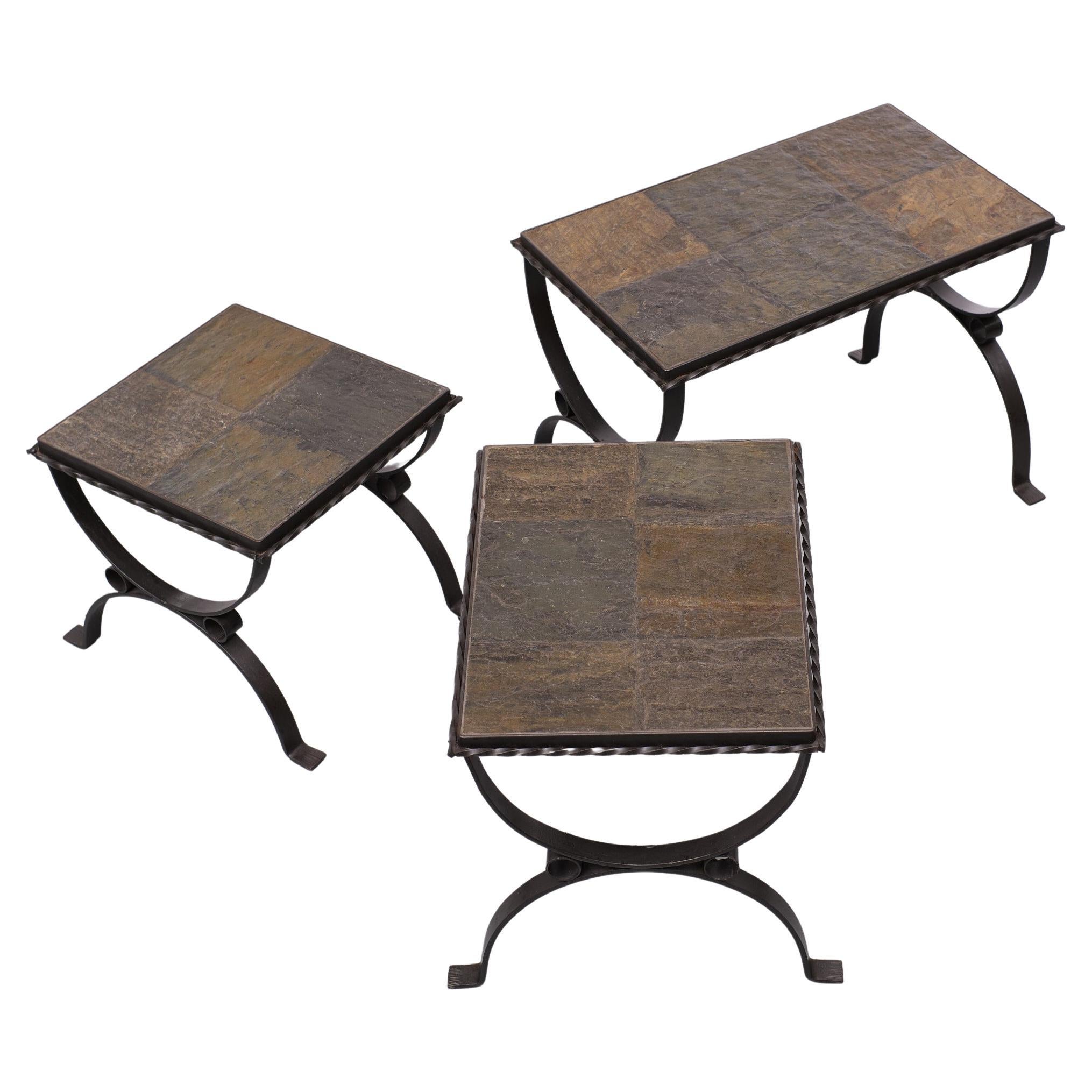 Slate Stone Brutalist Nesting Tables, 1970s, France