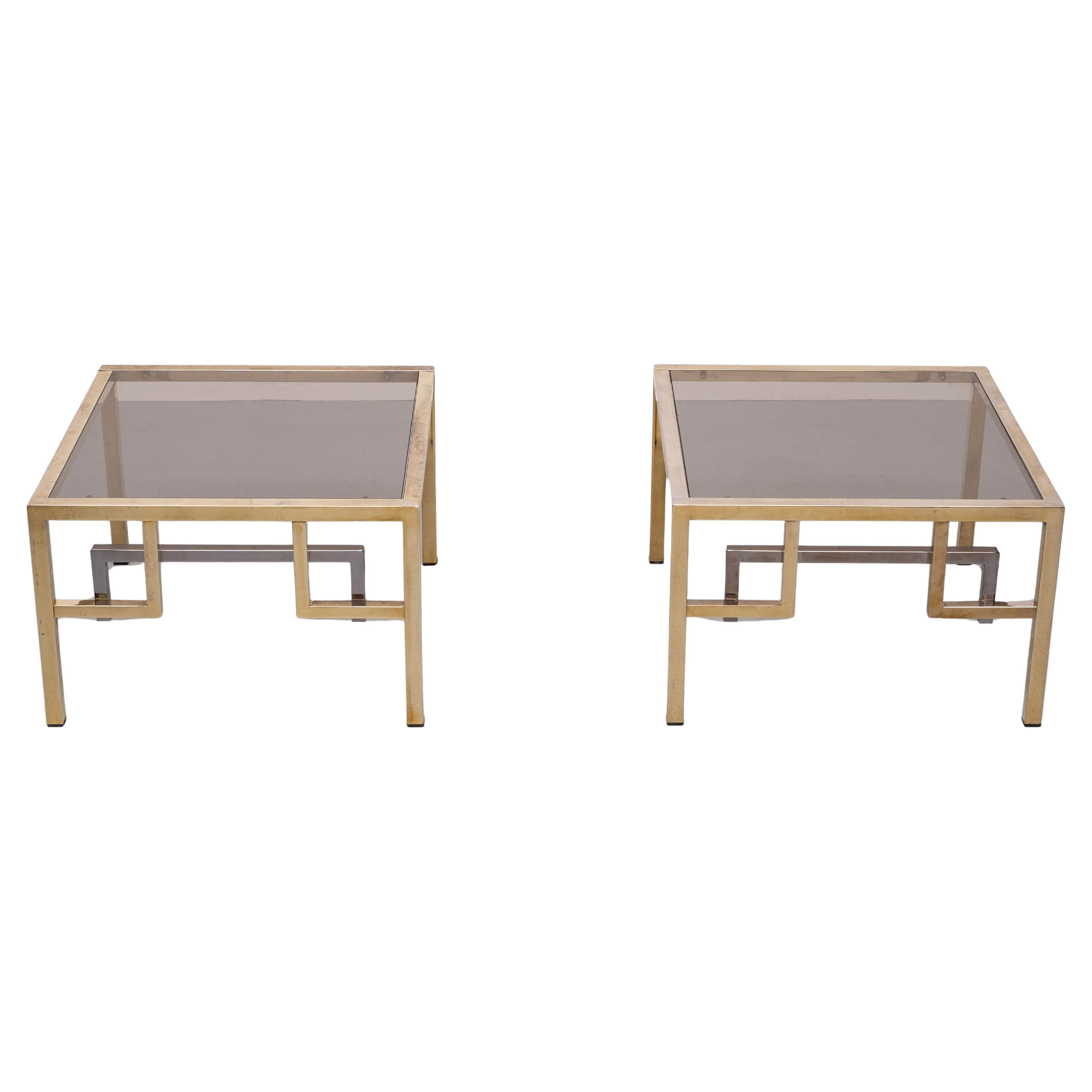 Hollywood Regency Paire de tables d'appoint carrées en laiton Belgo Chrome 1970 Belgique en vente
