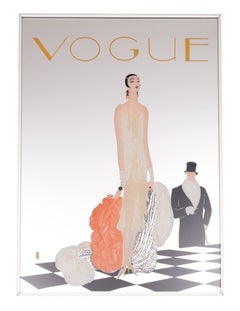 Specchio dipinto d’epoca incorniciato in stile “Vogue” con una ragazza flapper e un signore con il cilindro