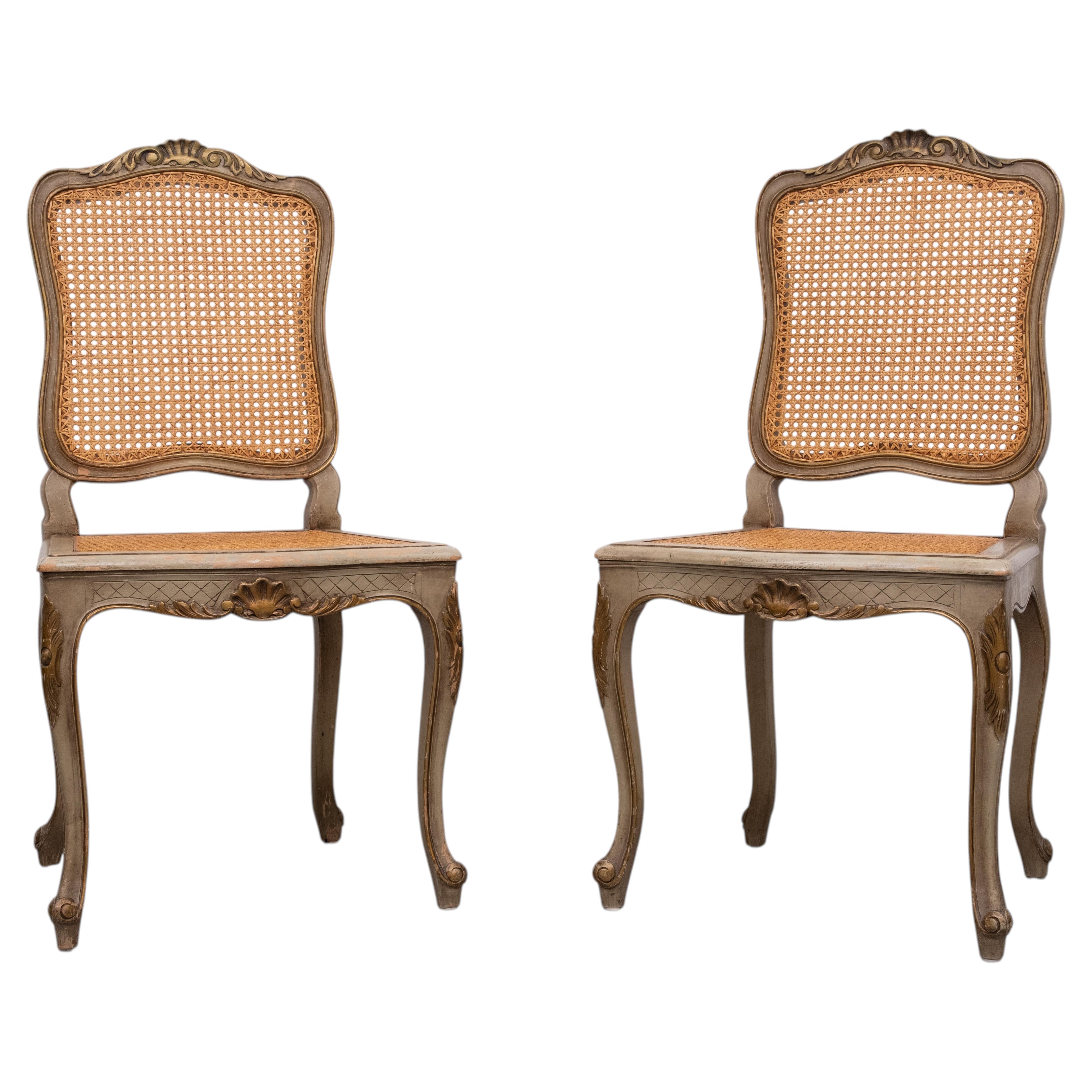Pair of Gold and Green Painted Louis XV Style Cane Side Chairs For Sale