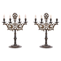Pair Large Antique Bronze Shabbat Candelabra Germany