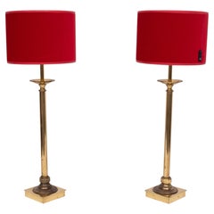 set solid Brass Table lamps Red Velvet shades 1960s France