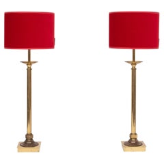set solid Brass Table lamps Red Velvet shades 1960s France
