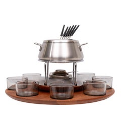 complete Fondue set Teak ''Lazy Susan'' Lüthje Denmark 1960s