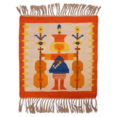 Polish Hand Knotted Square Wall Tapestry ''Musician'' 1960s Poland