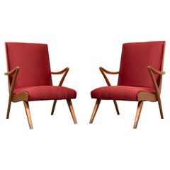 pair Organic shaped Rock & Roll Lounge Chairs new Polka Red upholstery 1950s