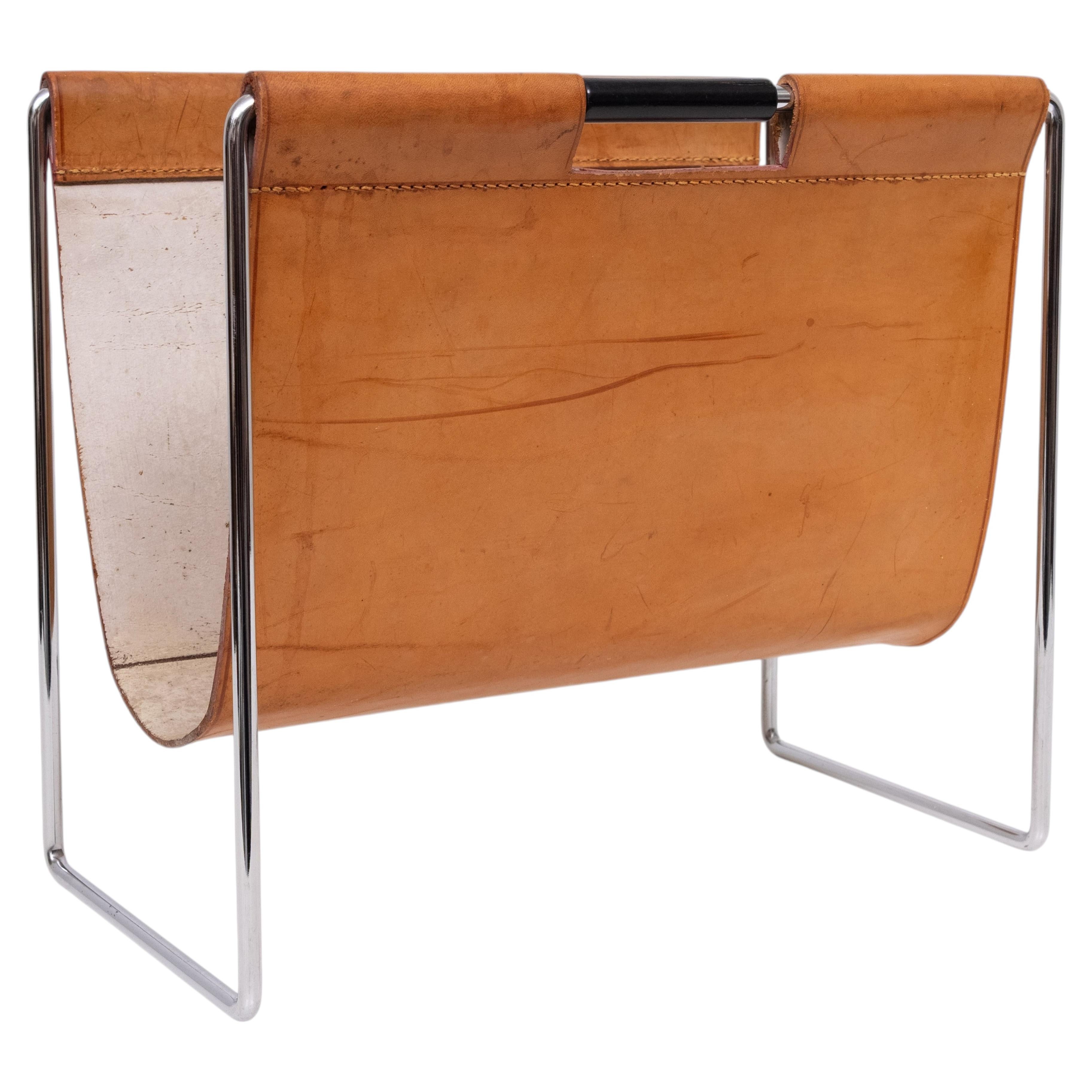 Brabantia Cognac color Leather Magazine holder 1960 Holland For Sale at ...