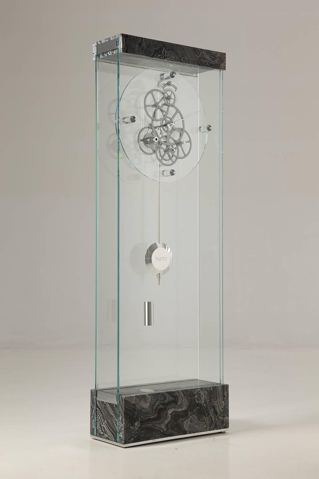 Mechanical modern style grandfather oversized glass mechanical clock with Graham escapement, DLC coated gears and pinions, stainless steel arbor, revolution on 15 ball bearings, bearings attached and adjusted directly on the crystal structure via
