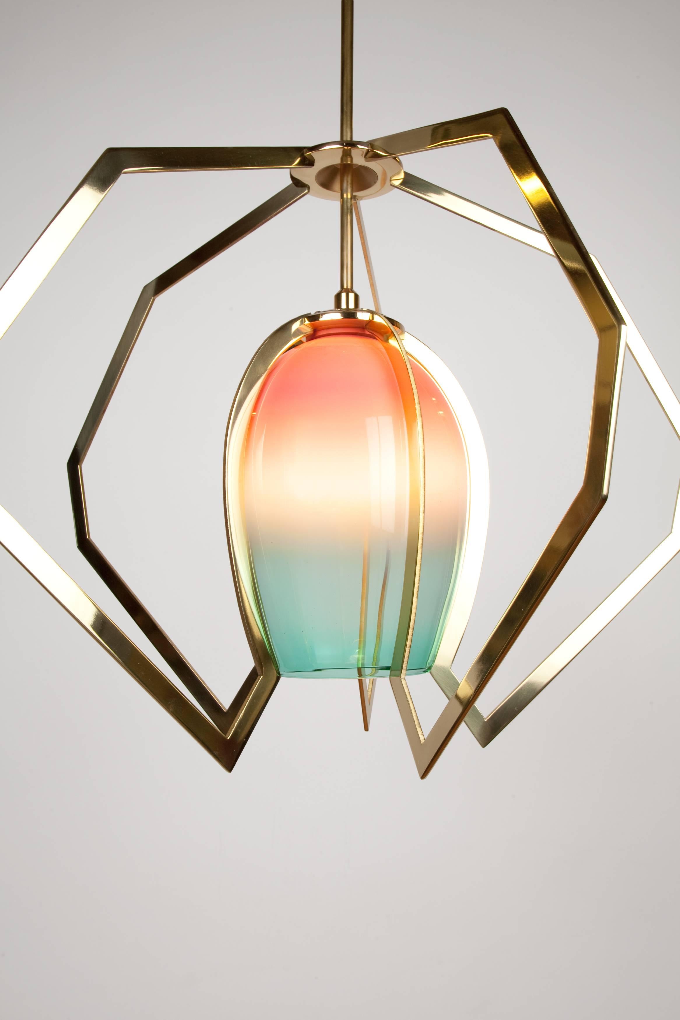 American Bec Brittain Vise, Double Fade Handblown Glass and Brass Chandelier For Sale