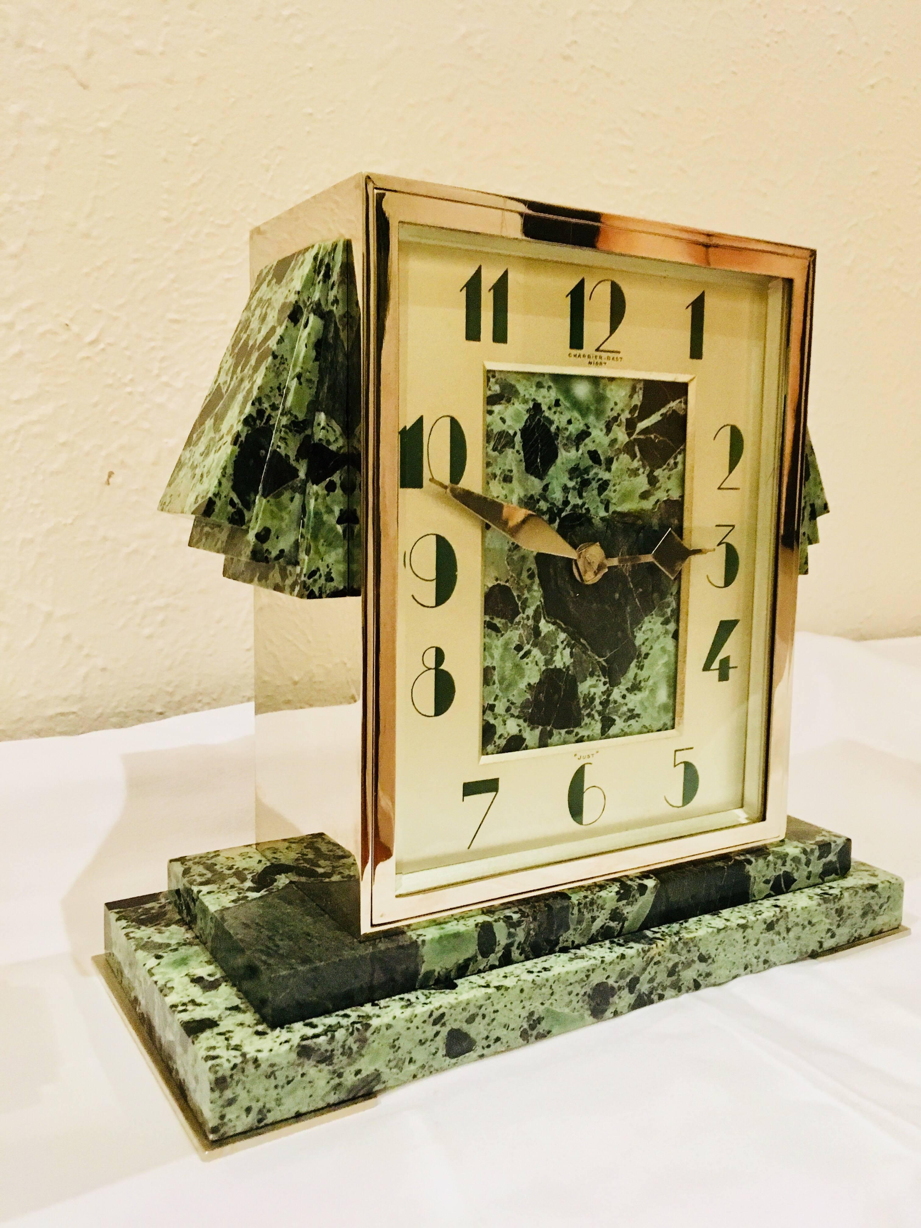Plated French Art Deco 'Just' Marble Mantle Clock with Garnitures, 1930s For Sale