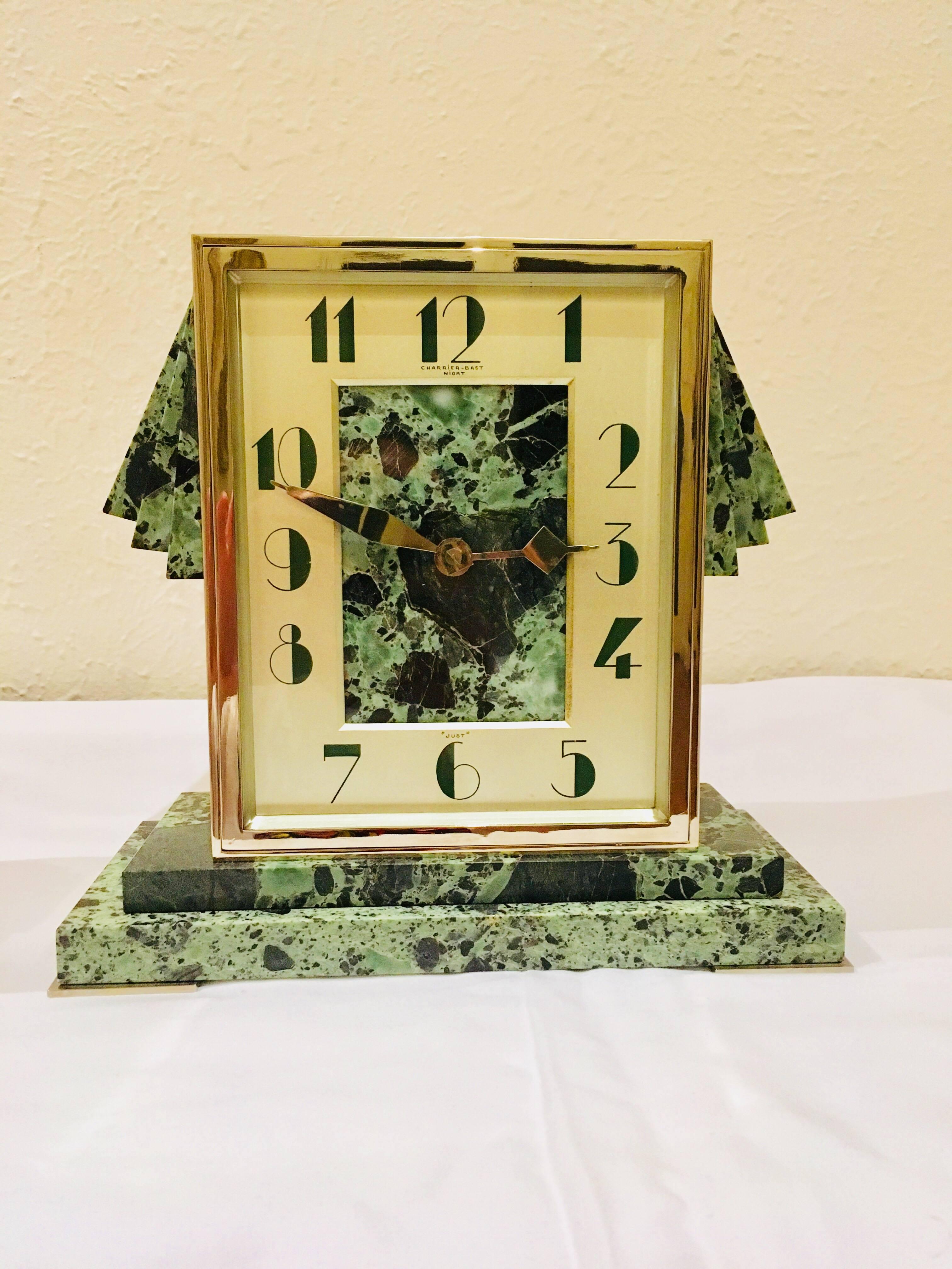 French Art Deco 'Just' marble mantel clock with garnitures, 1930s.

Marble and nickel chrome-plated clock set. Fully restored movement- keeps perfect time!

This is truly one for the Art Deco purist- we doubt you will find a nicer example of