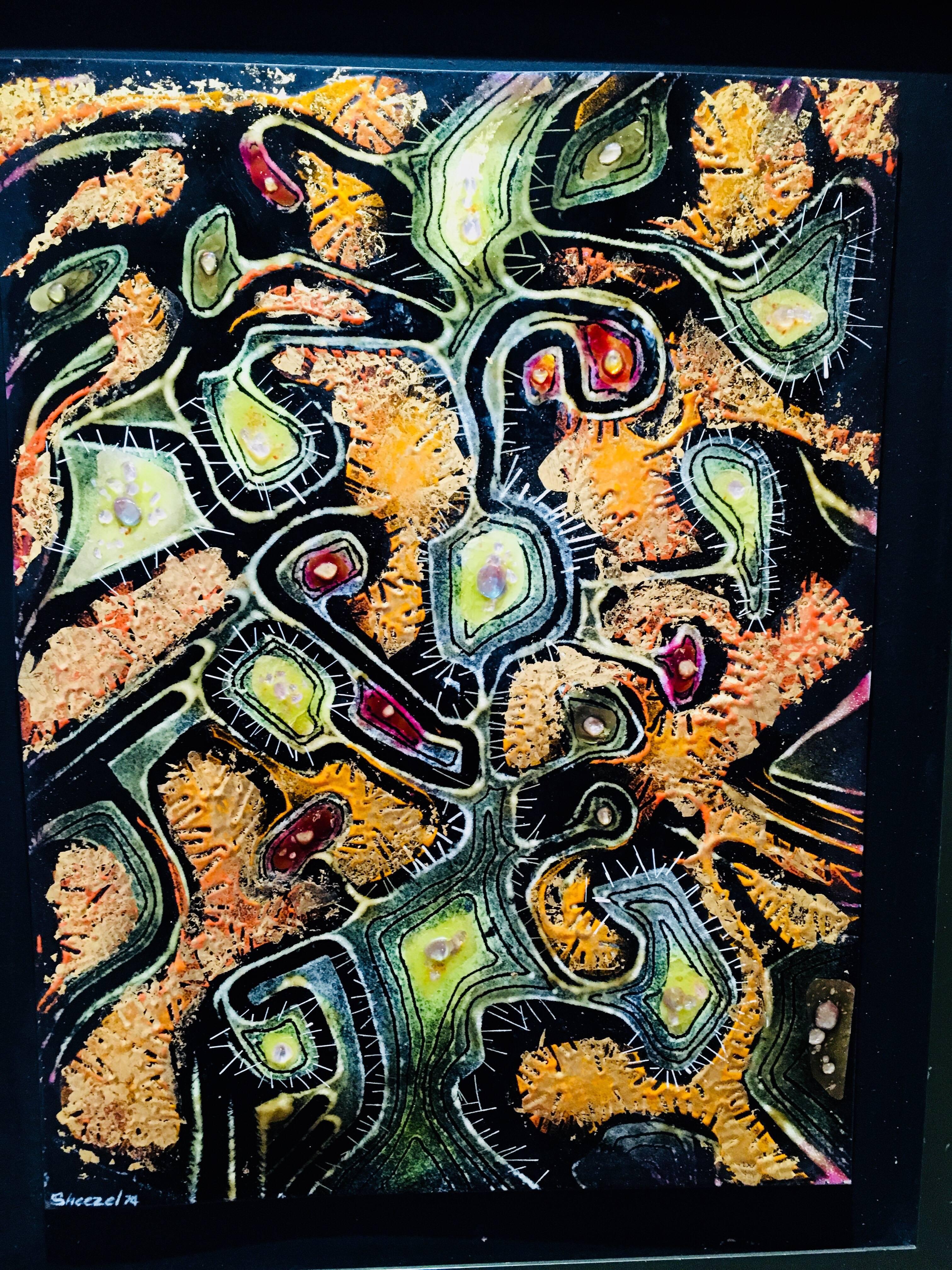 Late 20th Century Debbie Sheezel Enamel Artwork ‘Cactus Flower’, circa 1974 For Sale