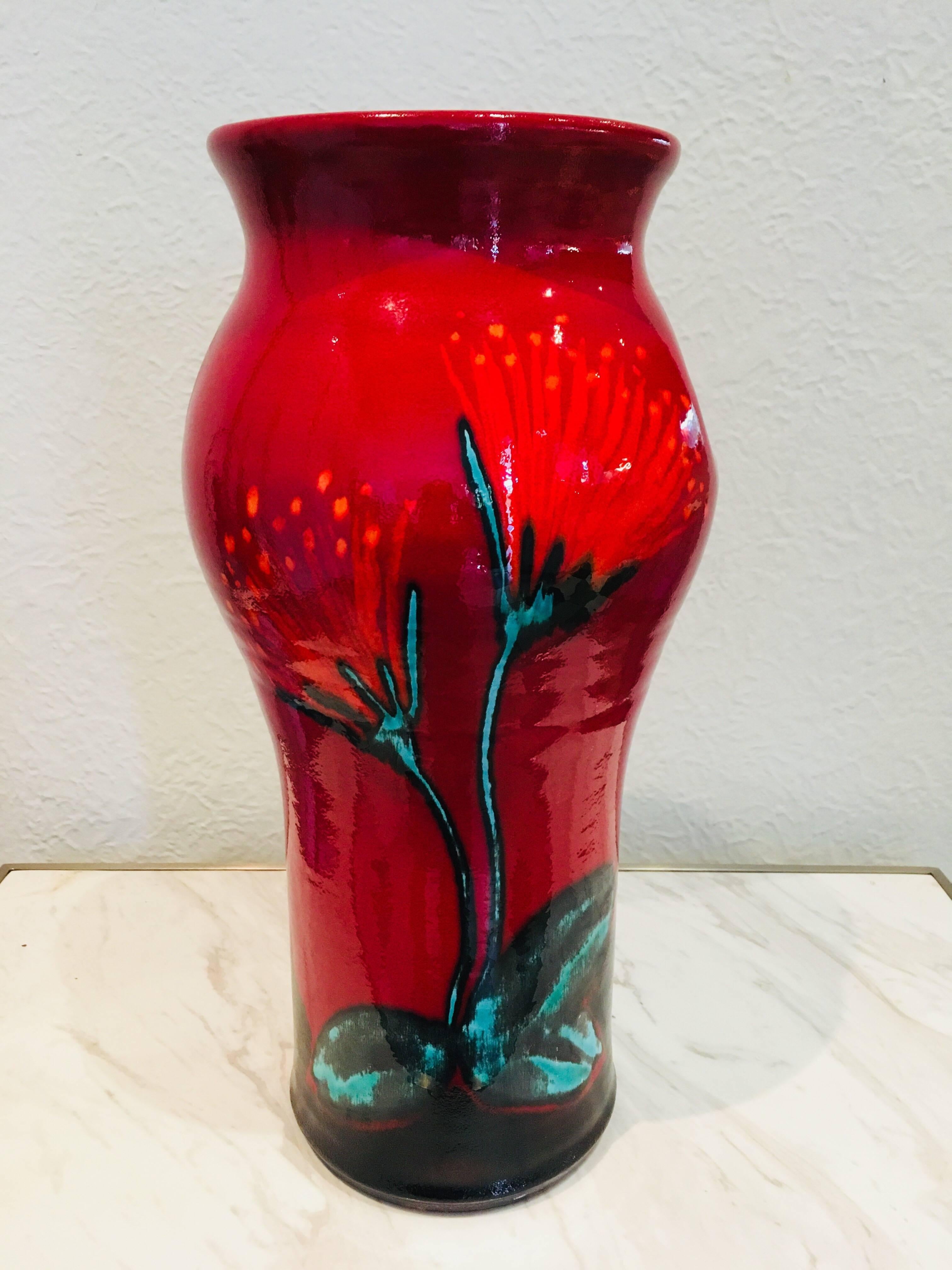 Morris and James glazed ceramic vase, striking hand-painted floral motifs.
