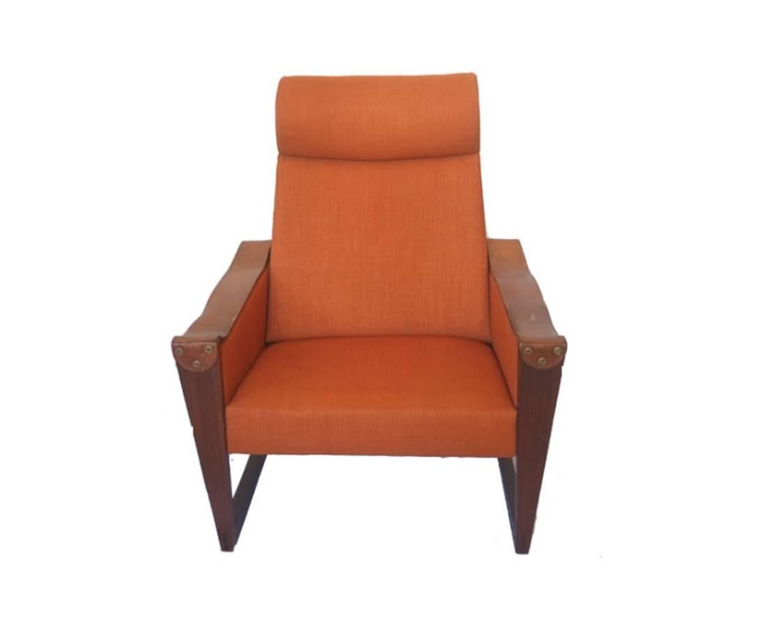 Scandinavian Modern Danish High Back Leather and Fabric Armchair For Sale