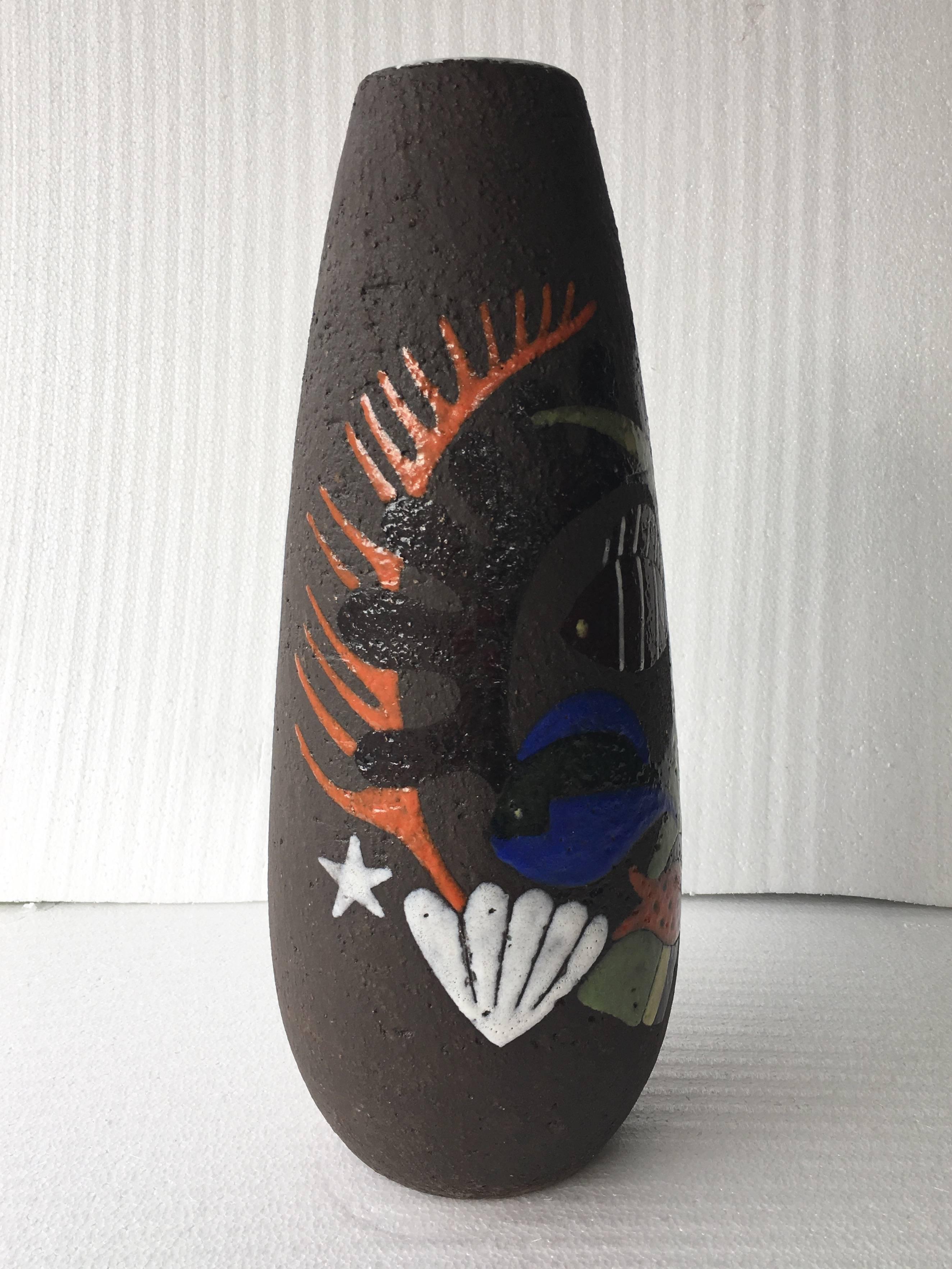 Truly unique and rare pottery vase from Swedish ceramic firm Upsala-Ekeby, designed by Anna-Lisa Thomson, 1940s.

It depicts an aquatic marine life motif of fish, sea urchin, coral, and seaweed against a matte, textured background in one of her