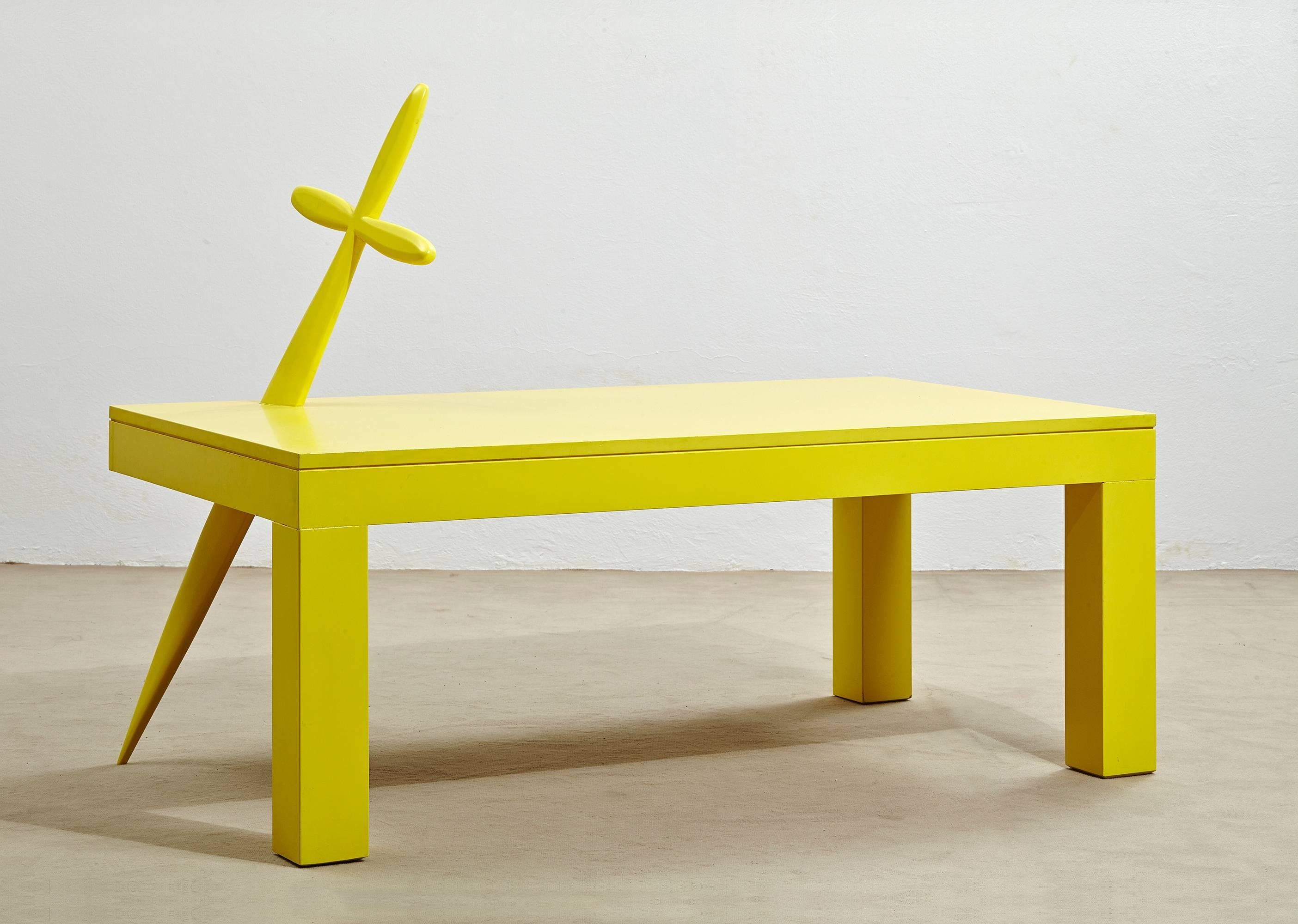 “Heroes” is a bright yellow low console table by contemporary Italian designer Alberto Biagetti. The piece could be described as “Pop design” as it is a perfect example of how the designer takes popular symbols, de-contextualizes them and inserts