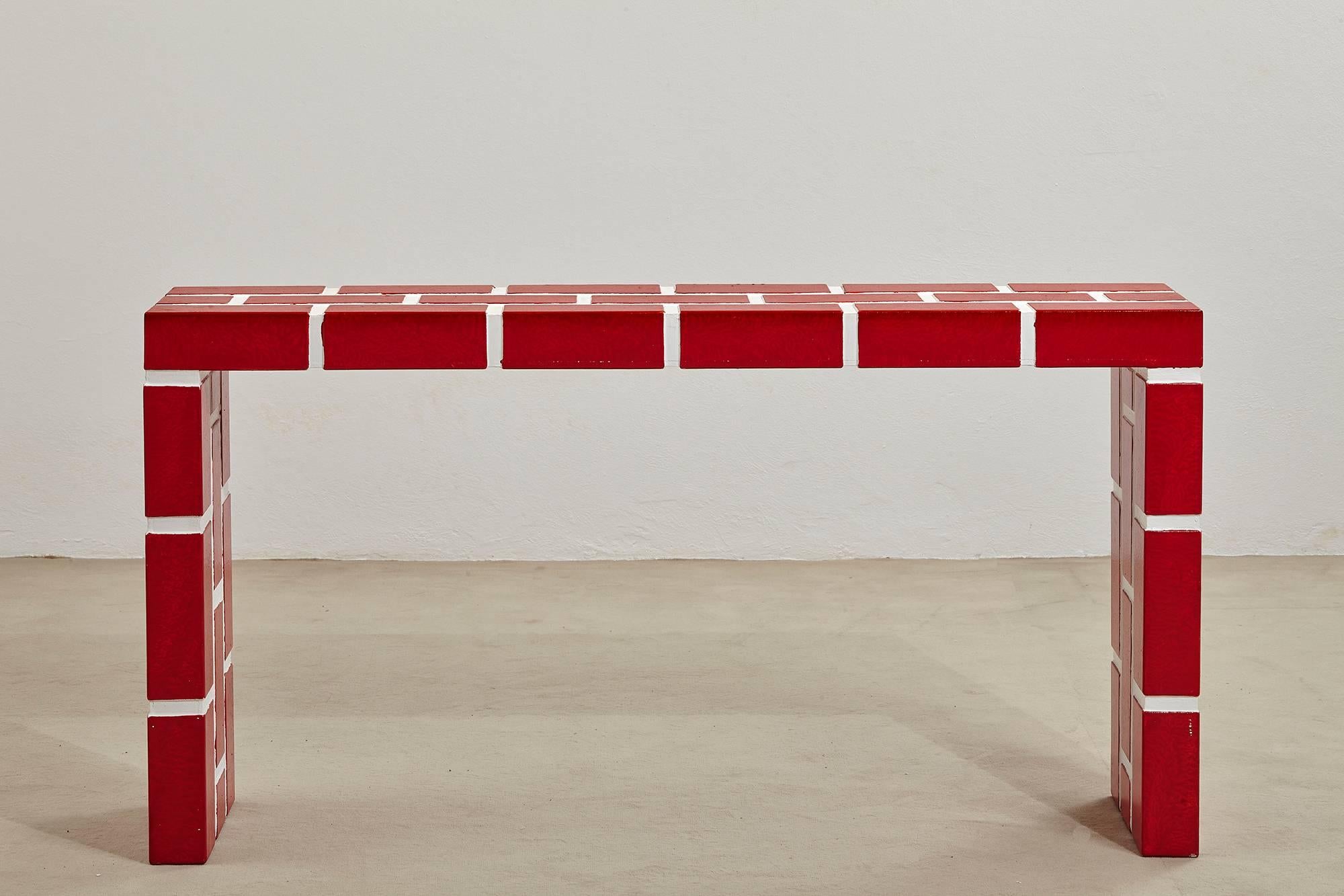 Wooden console table, printed with red and white paint in the artist's London studio. The piece is number 3 in a limited edition of ten pieces created as part of 