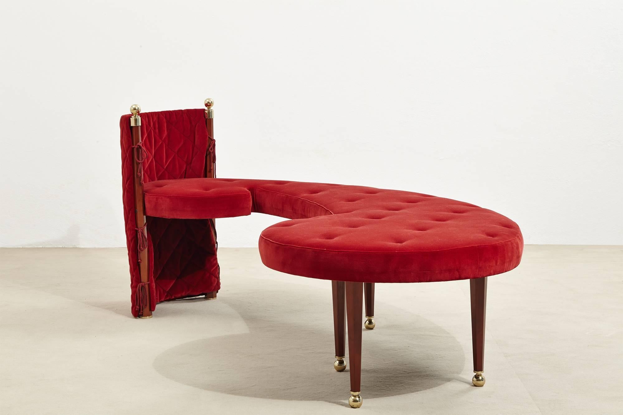 Elegant three-seat bench designed by Jeannot Cerruti for Milanese company Sawaya & Moroni in 1991. 
The bench has a cherrywood base, red velvet upholstery and fringing with polished brass details.
