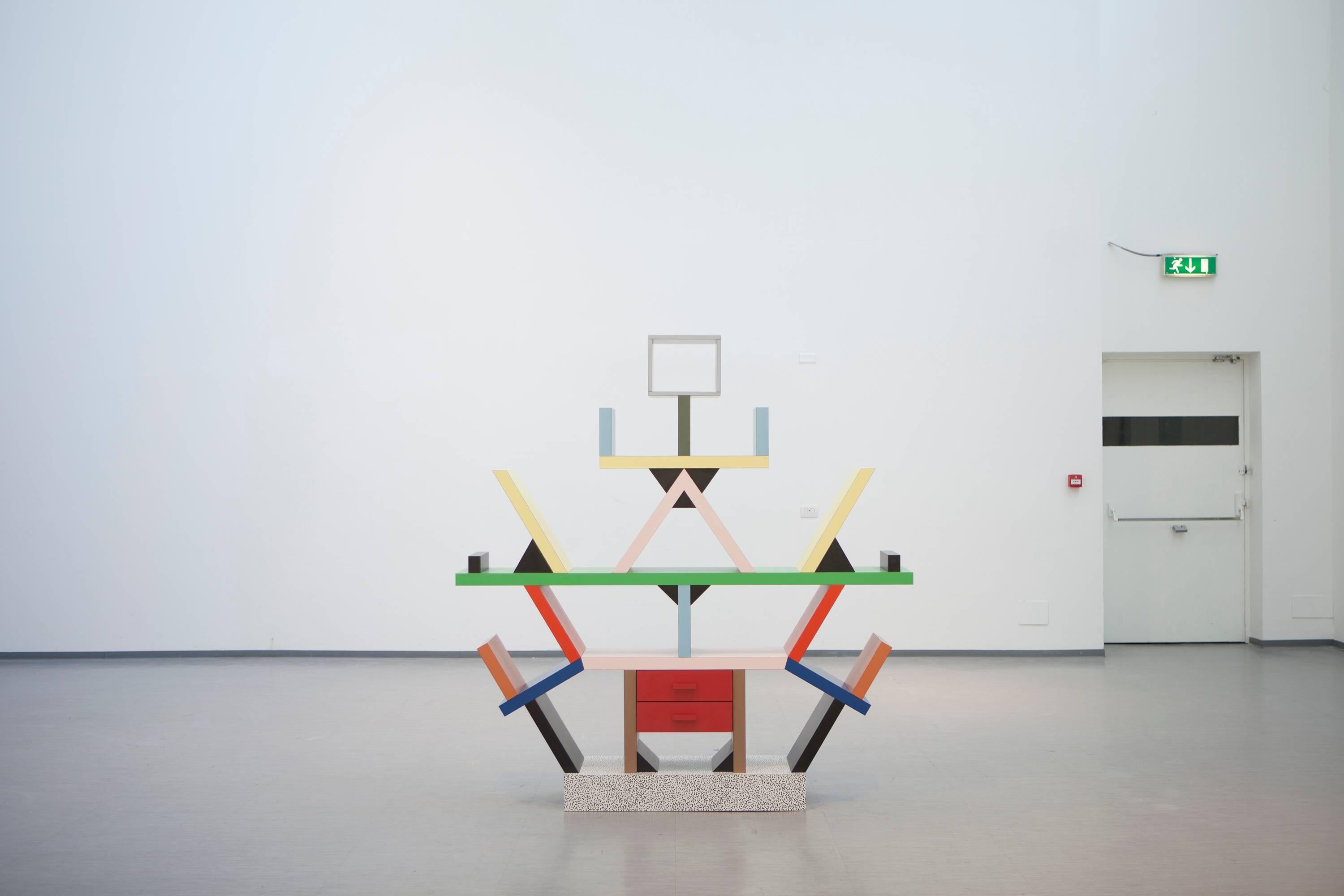 Carlton is undoubtedly the most famous and iconic of all the items designed for Memphis Milano. The piece was designed by Ettore Sottsass himself and was first presented at the historic Memphis exhibition in Milan on 18th September 1981.
Carlton is