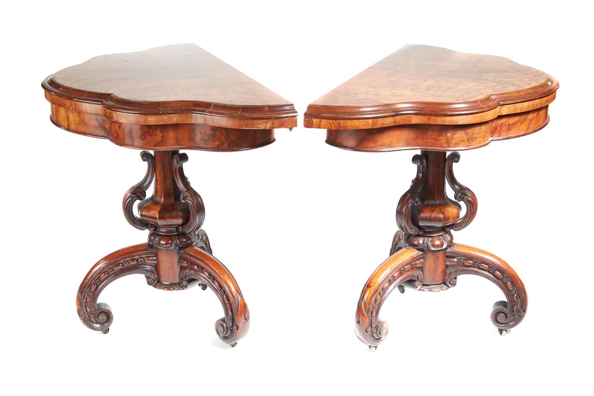 Rare and Unusual Pair of Victorian Burr Walnut Card Tables For Sale